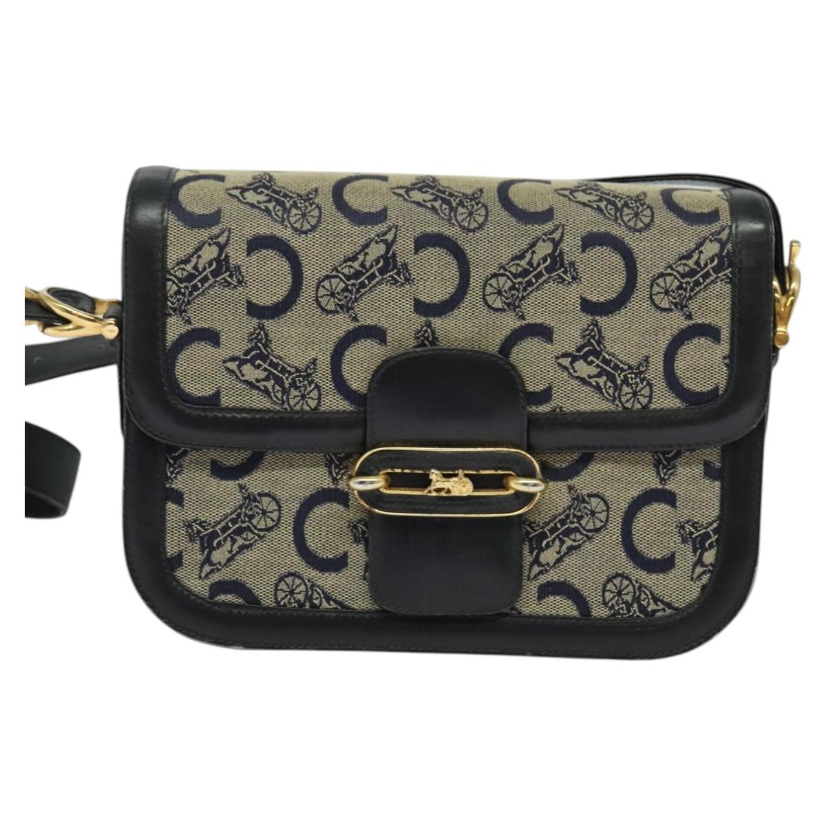CELINE C Sulky Shoulder Bag Canvas Navy Gold Auth BA1378