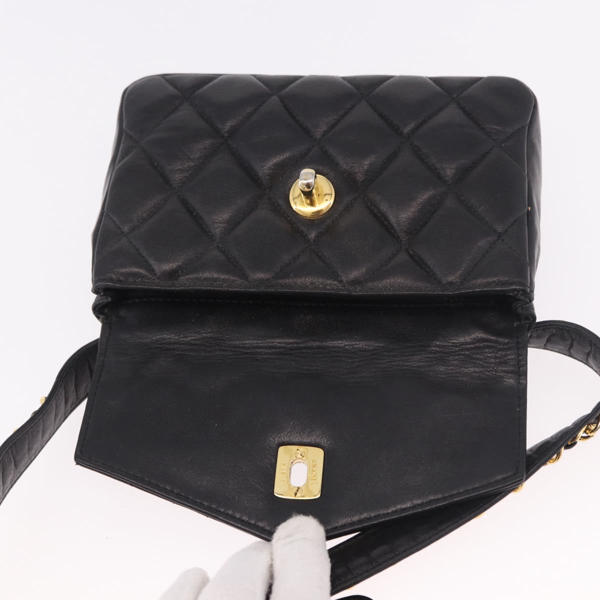 CHANEL Matelasse Waist Bag Lamb Skin Black Gold CC Auth BA13785A