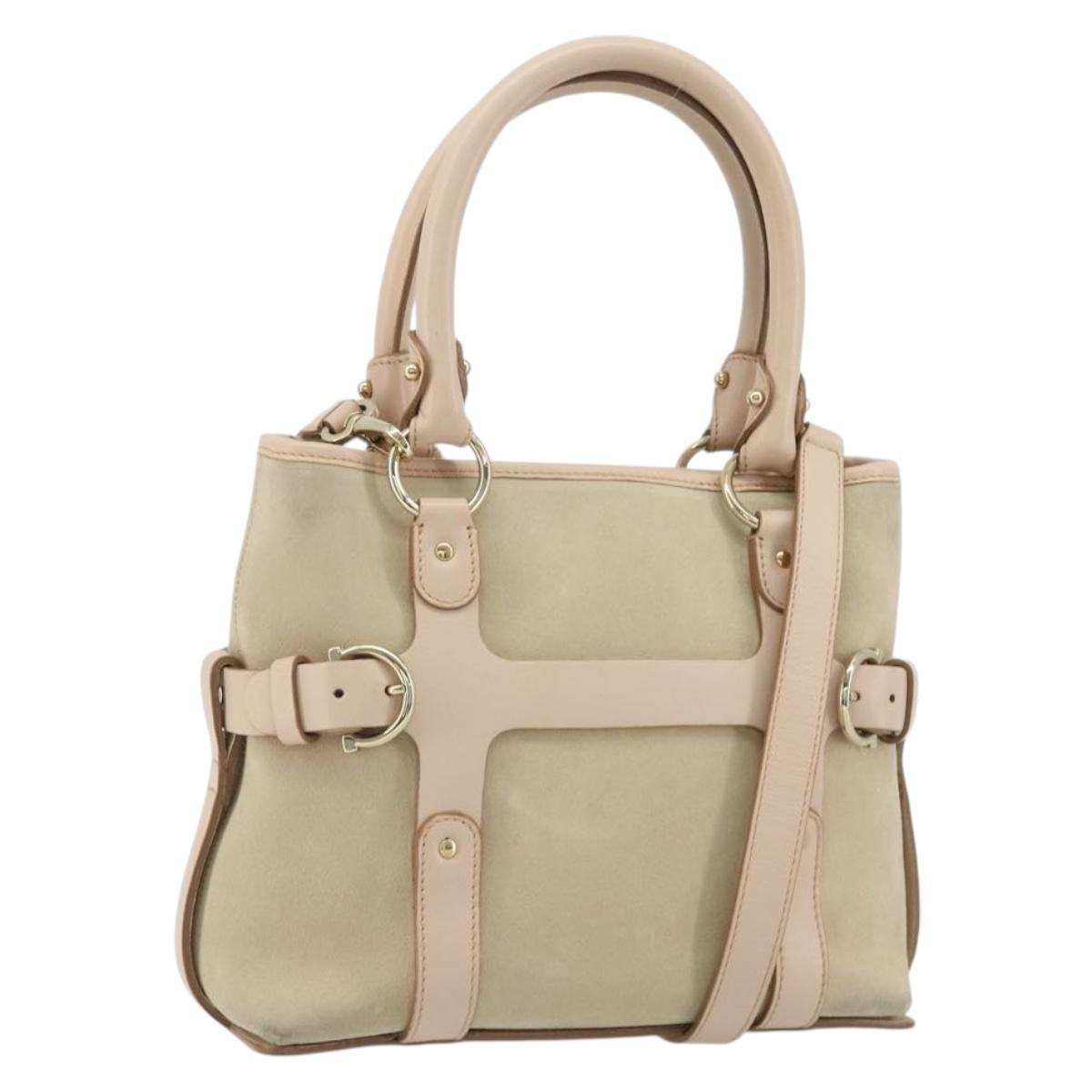 Salvatore Ferragamo Hand Bag Suede 2way Beige Gold Auth BA13787A