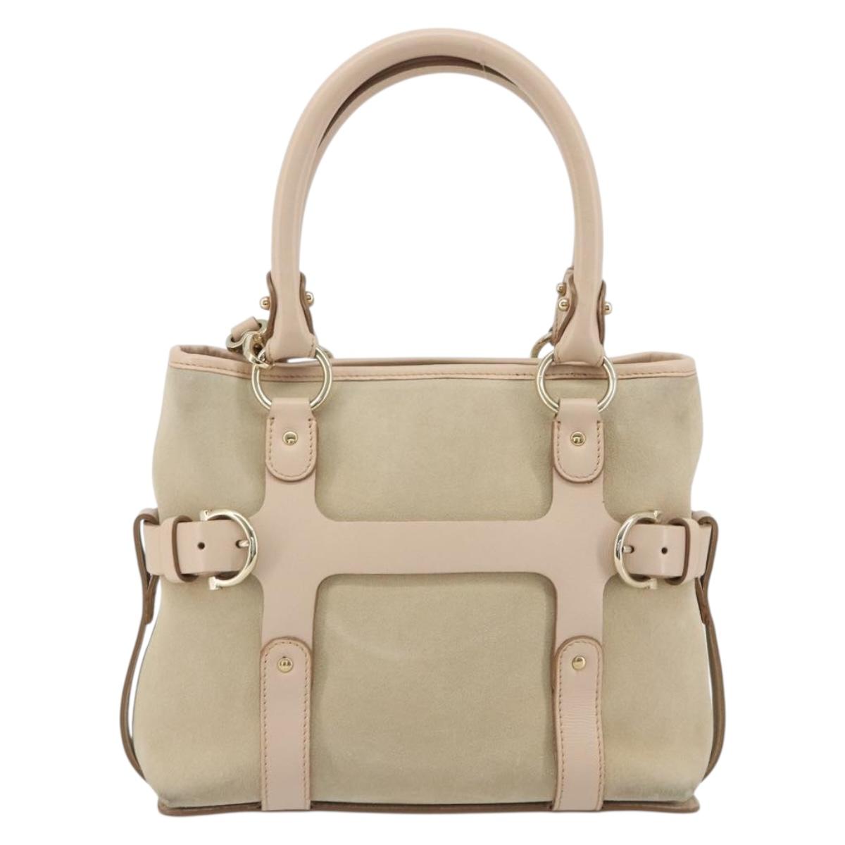 Salvatore Ferragamo Hand Bag Suede 2way Beige Gold Auth BA13787A