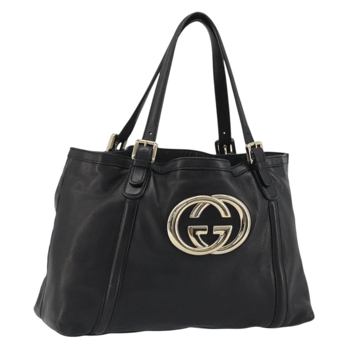 GUCCI Newbrit Tote Bag Leather Black Gold 162094 Auth BA13791V