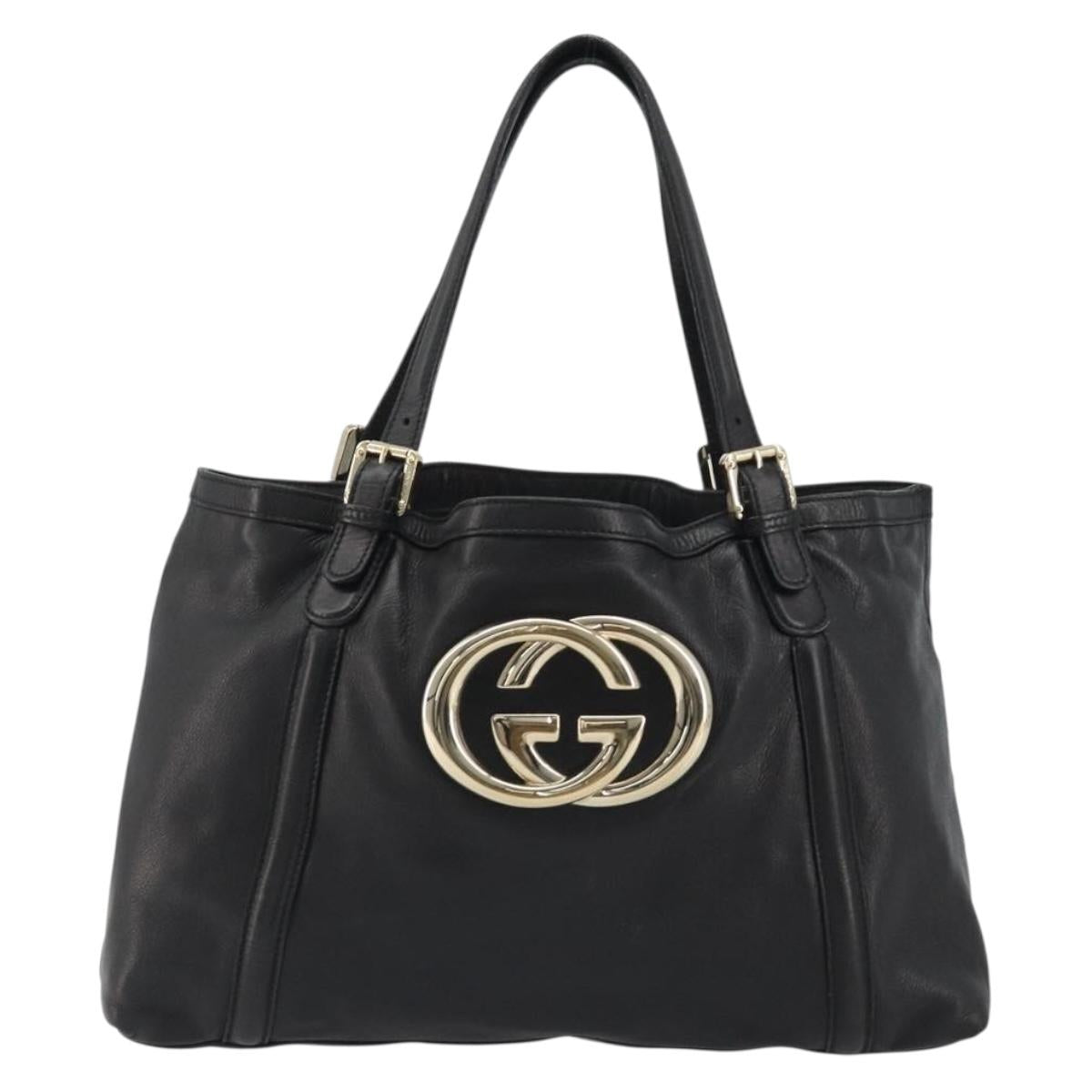 GUCCI Newbrit Tote Bag Leather Black Gold 162094 Auth BA13791V