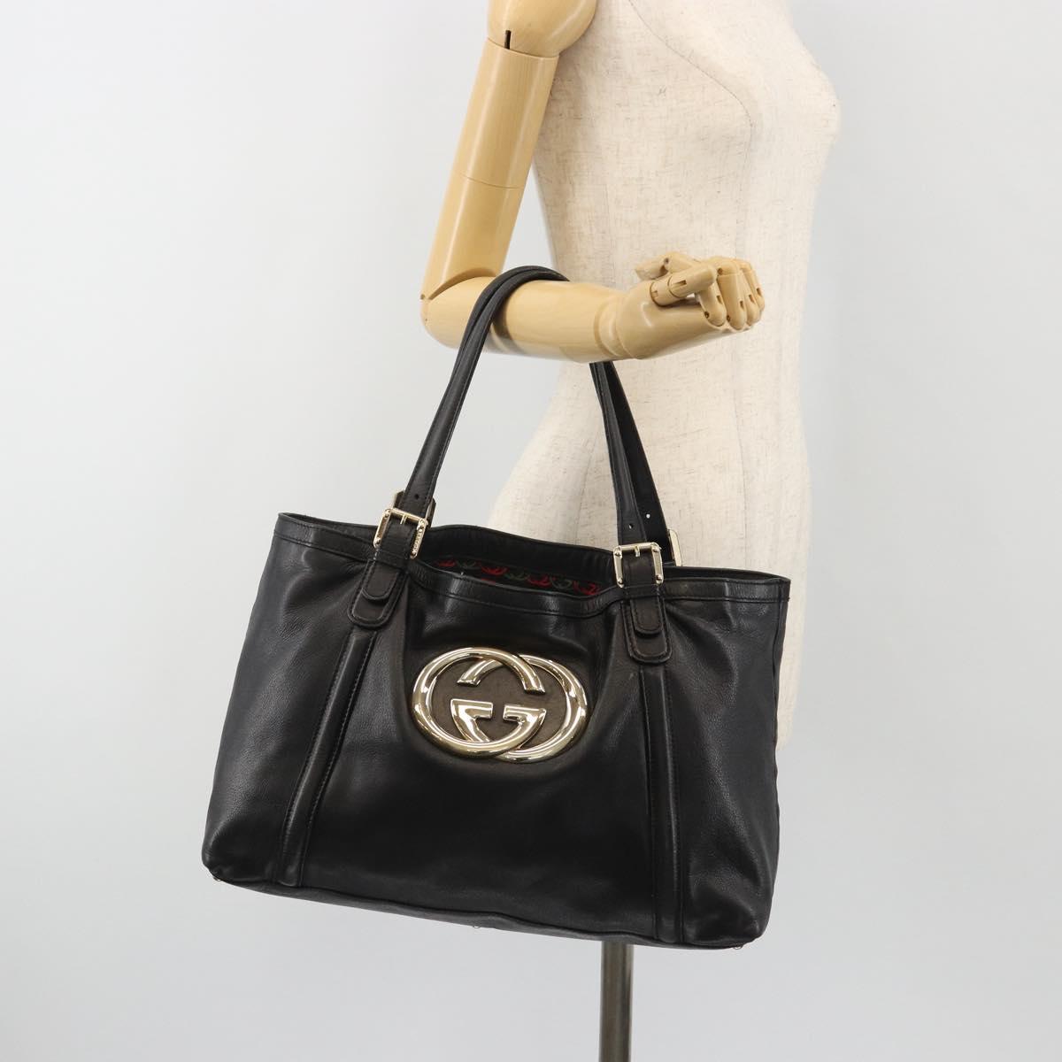GUCCI Newbrit Tote Bag Leather Black Gold 162094 Auth BA13791V