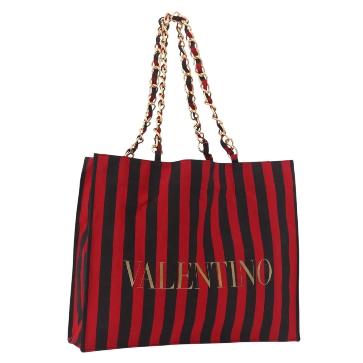 VALENTINO Chain Tote Bag Canvas Red Gold Auth BA13793A