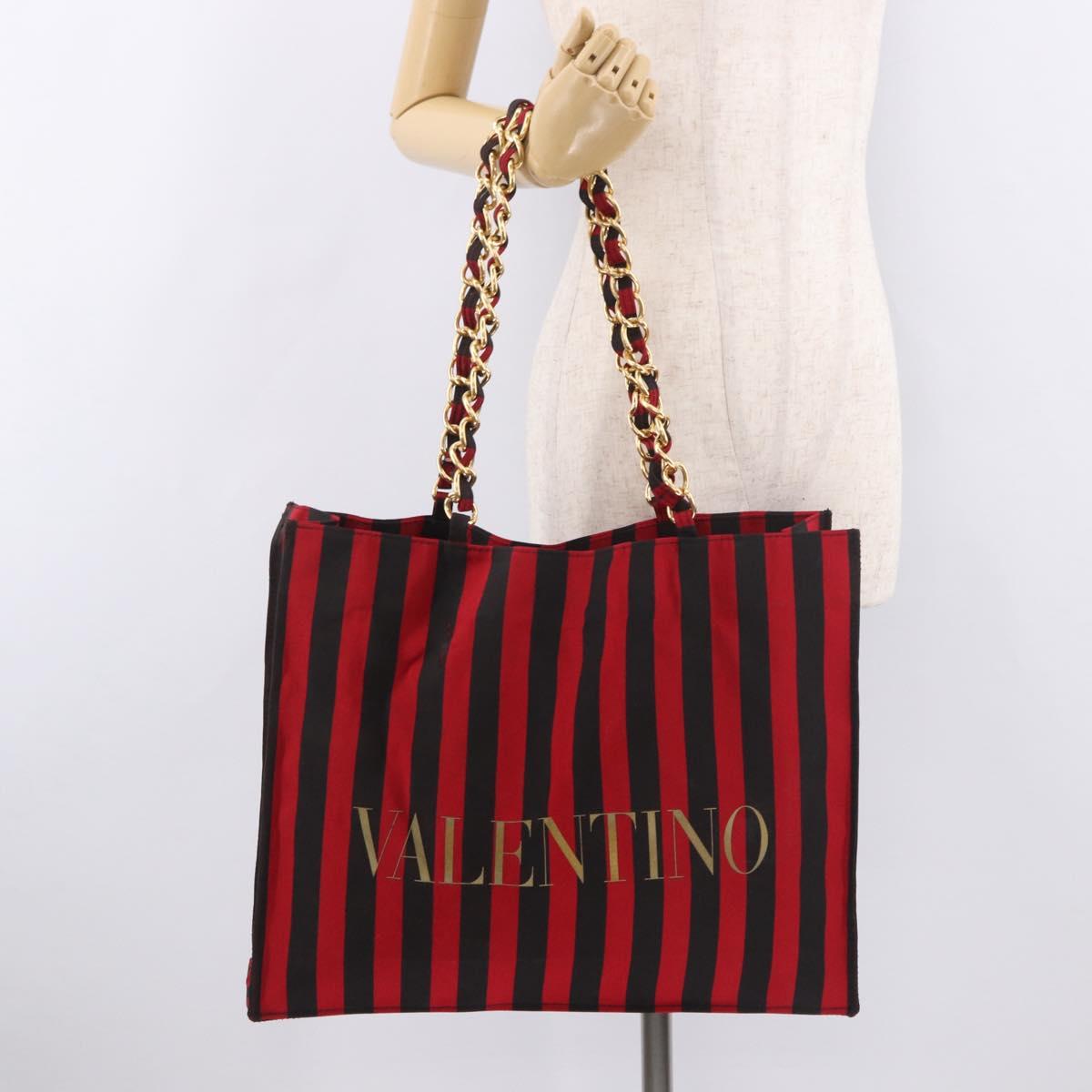 VALENTINO Chain Tote Bag Canvas Red Gold Auth BA13793A