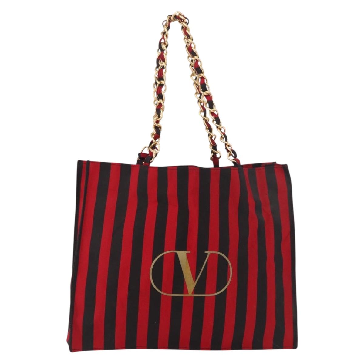 VALENTINO Chain Tote Bag Canvas Red Gold Auth BA13793A