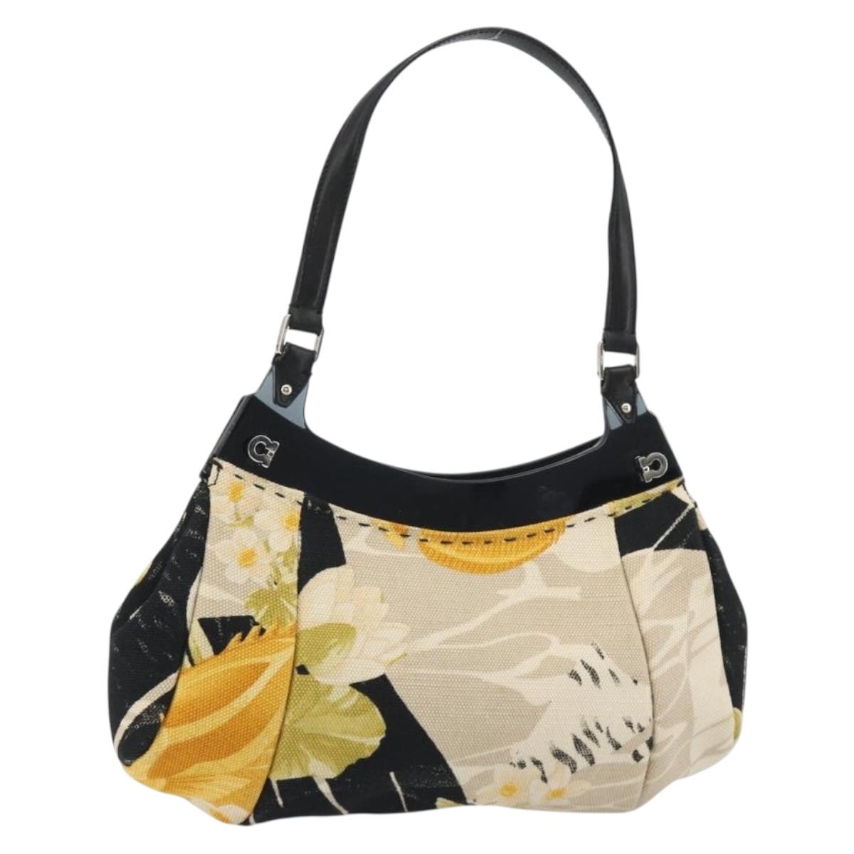 Salvatore Ferragamo Gancini Hand Bag Canvas Beige Silver Auth BA13795A