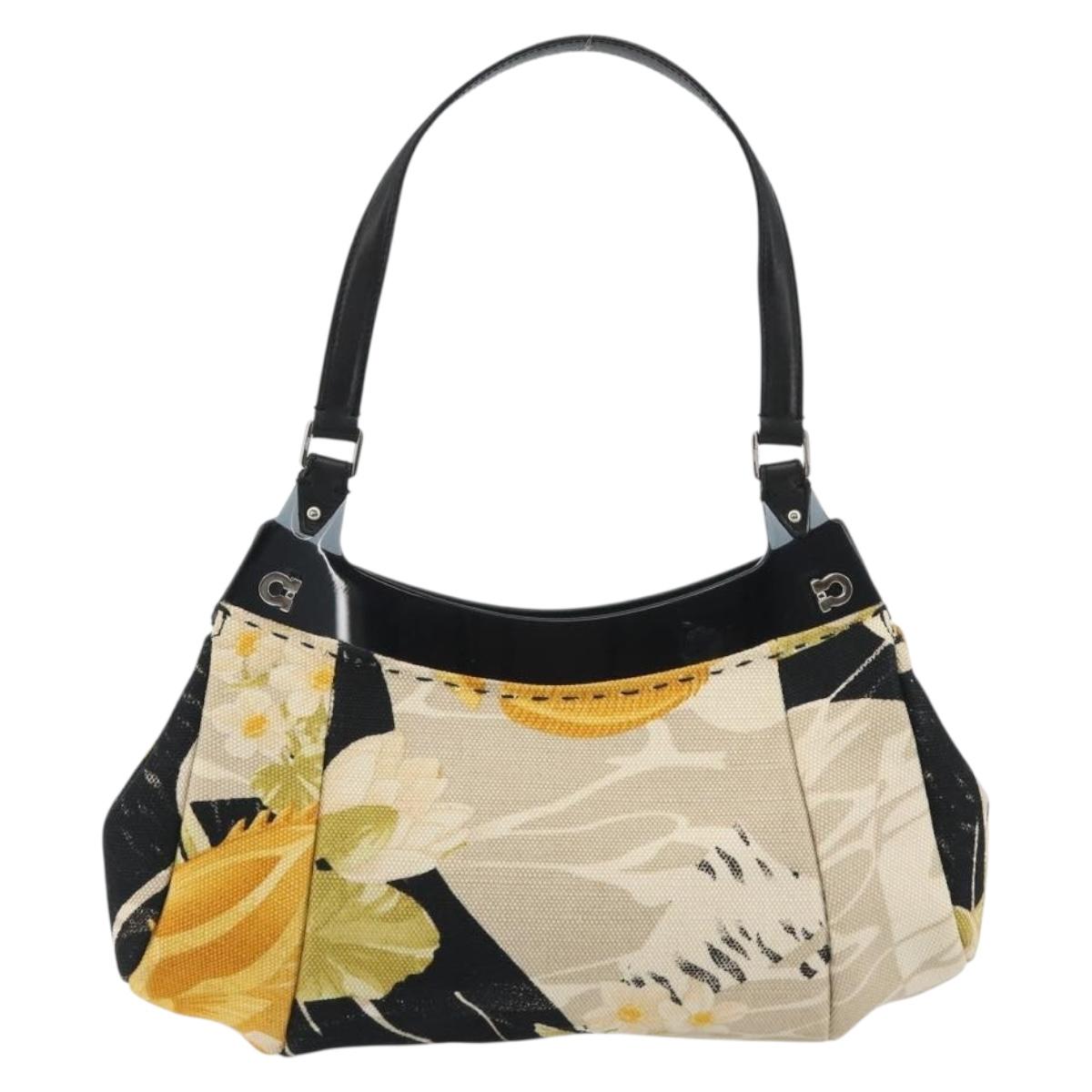Salvatore Ferragamo Gancini Hand Bag Canvas Beige Silver Auth BA13795A
