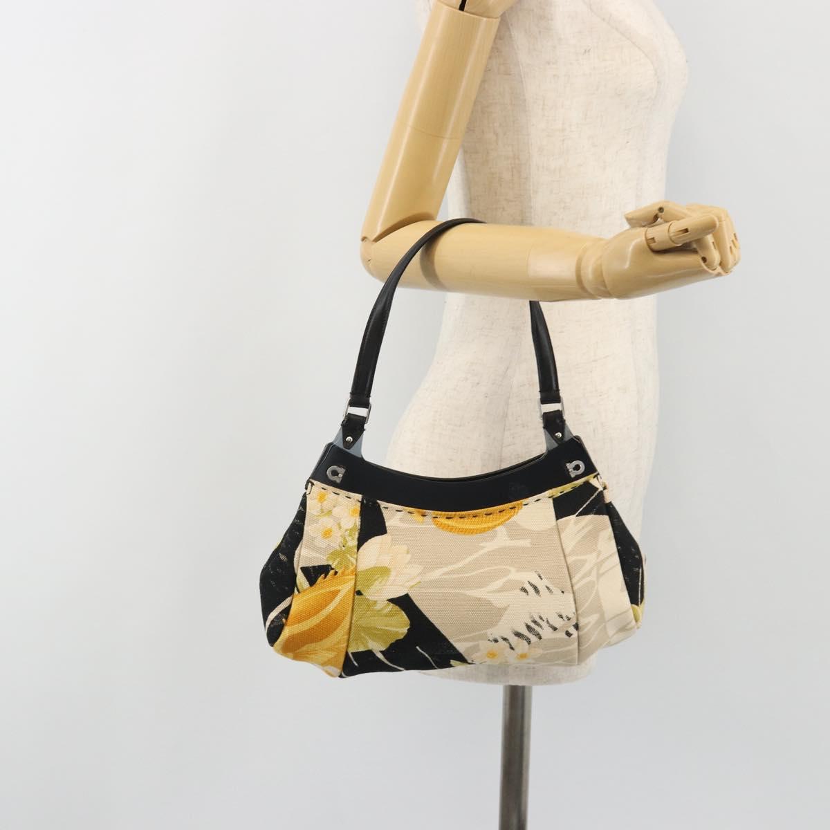Salvatore Ferragamo Gancini Hand Bag Canvas Beige Silver Auth BA13795A