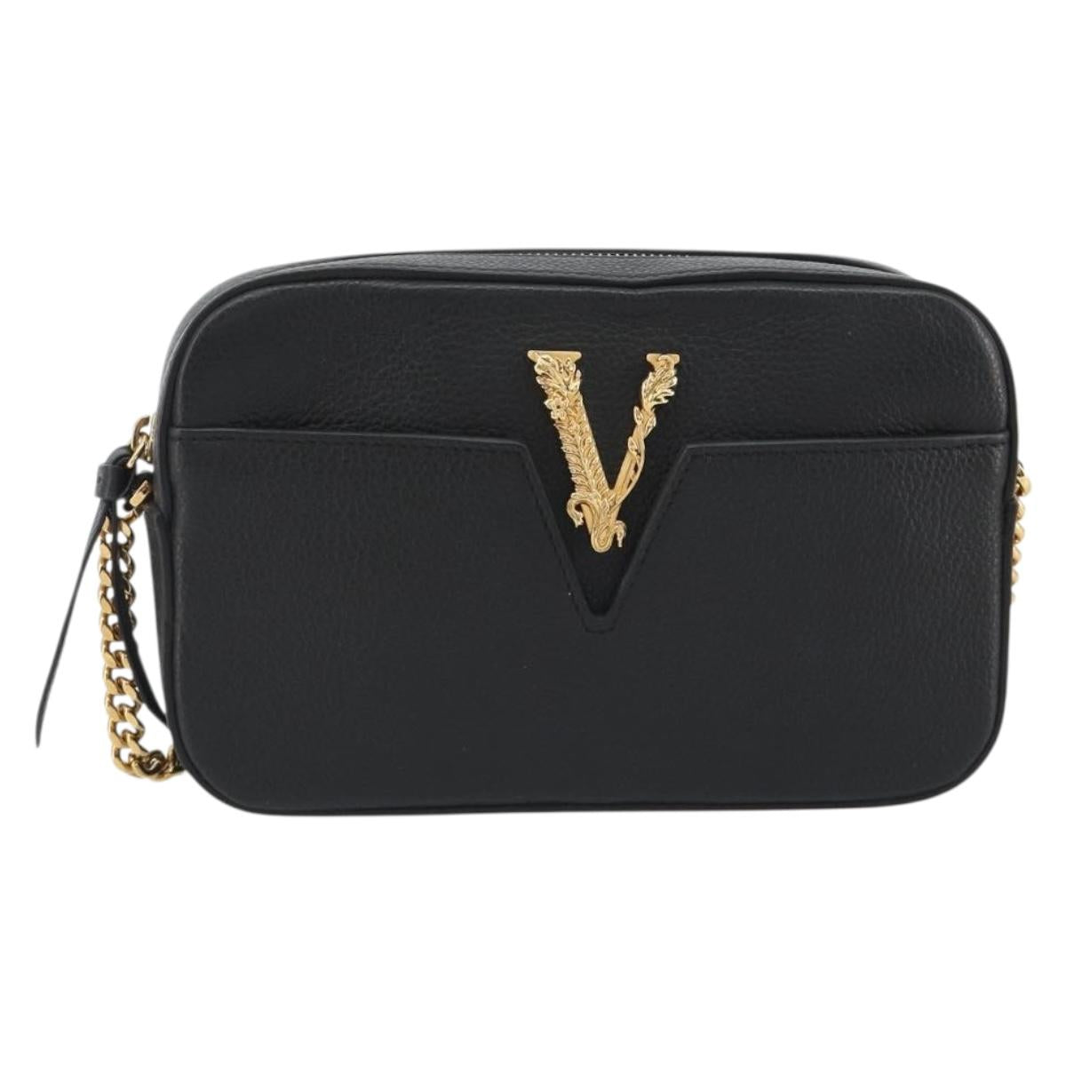 VERSACE Shoulder Bag Leather Black Gold Auth BA13799V