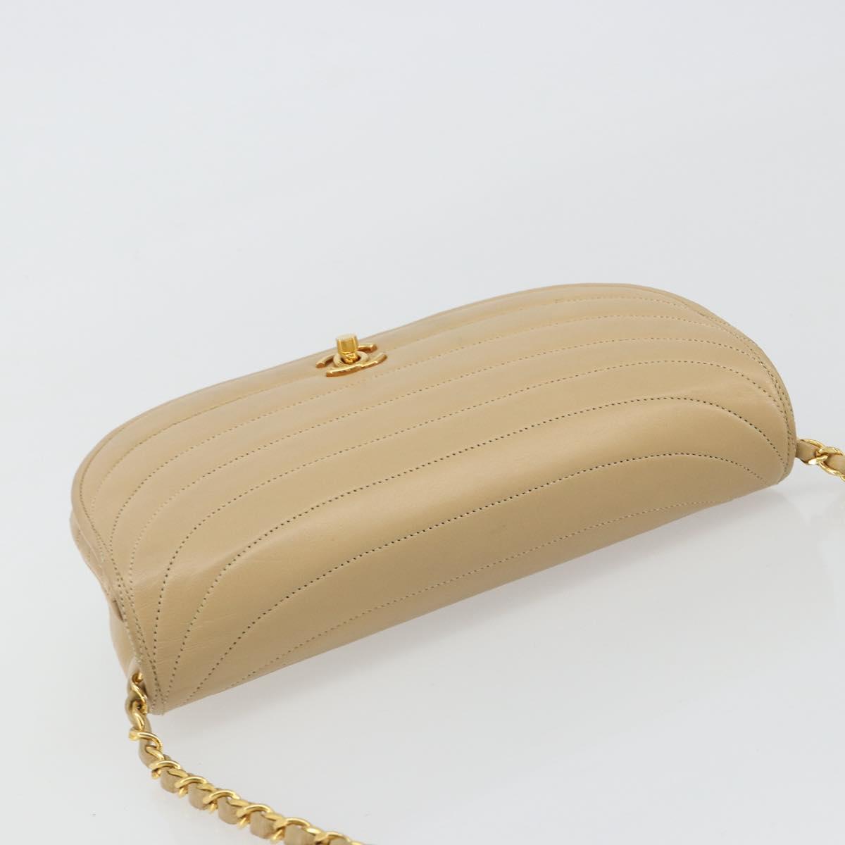 CHANEL Half Moon Chain Shoulder Bag Lamb Skin Beige Gold CC Auth BA13807A
