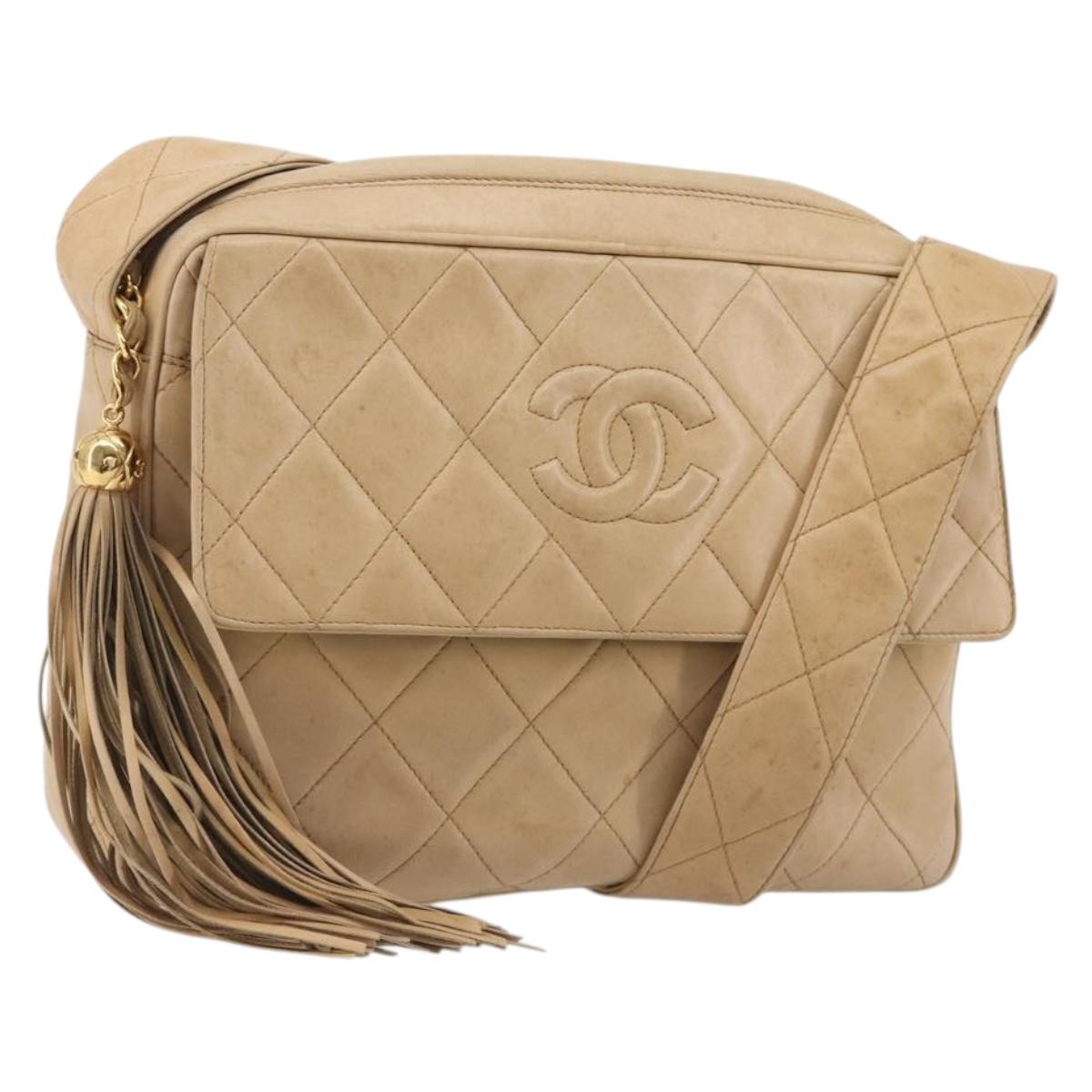 CHANEL Matelasse Shoulder Bag Lamb Skin Beige Gold CC Auth BA13808A