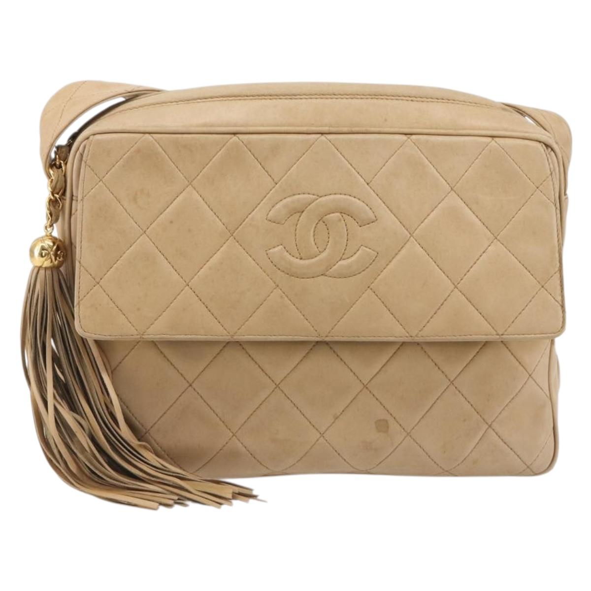 CHANEL Matelasse Shoulder Bag Lamb Skin Beige Gold CC Auth BA13808A