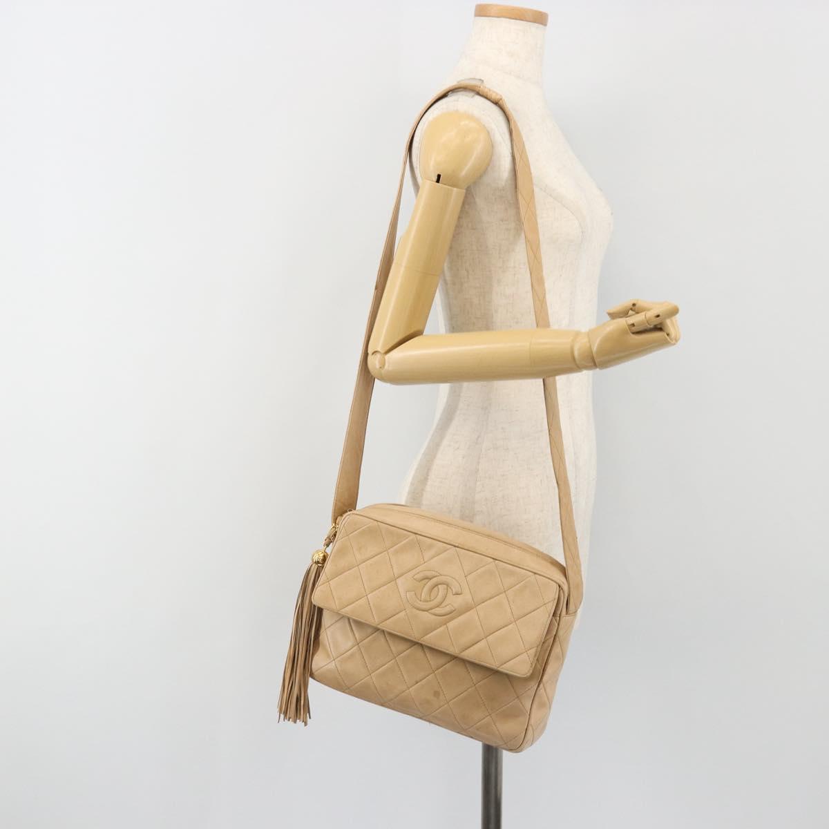 CHANEL Matelasse Shoulder Bag Lamb Skin Beige Gold CC Auth BA13808A