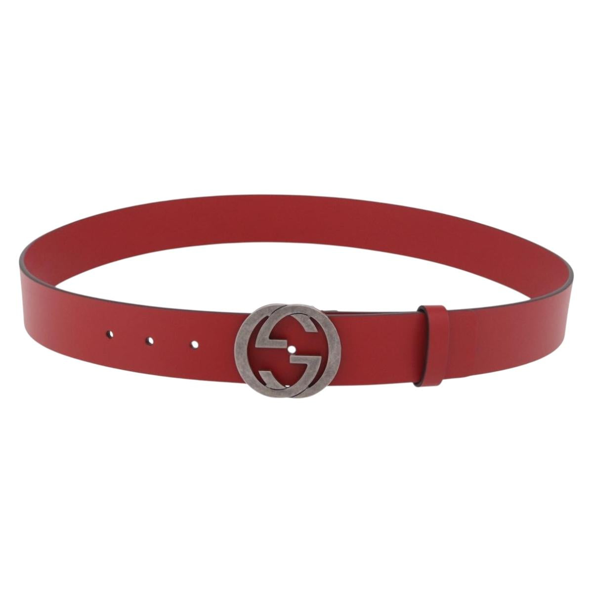 GUCCI Interlocking G Belt Leather 43.7"" Red Silver 546389 Auth BA13818V
