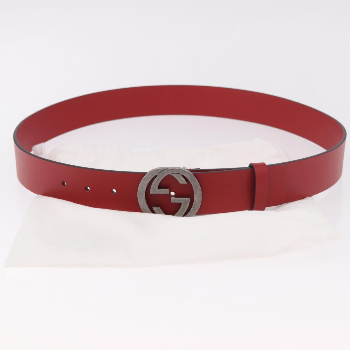 GUCCI Interlocking G Belt Leather 43.7"" Red Silver 546389 Auth BA13818V