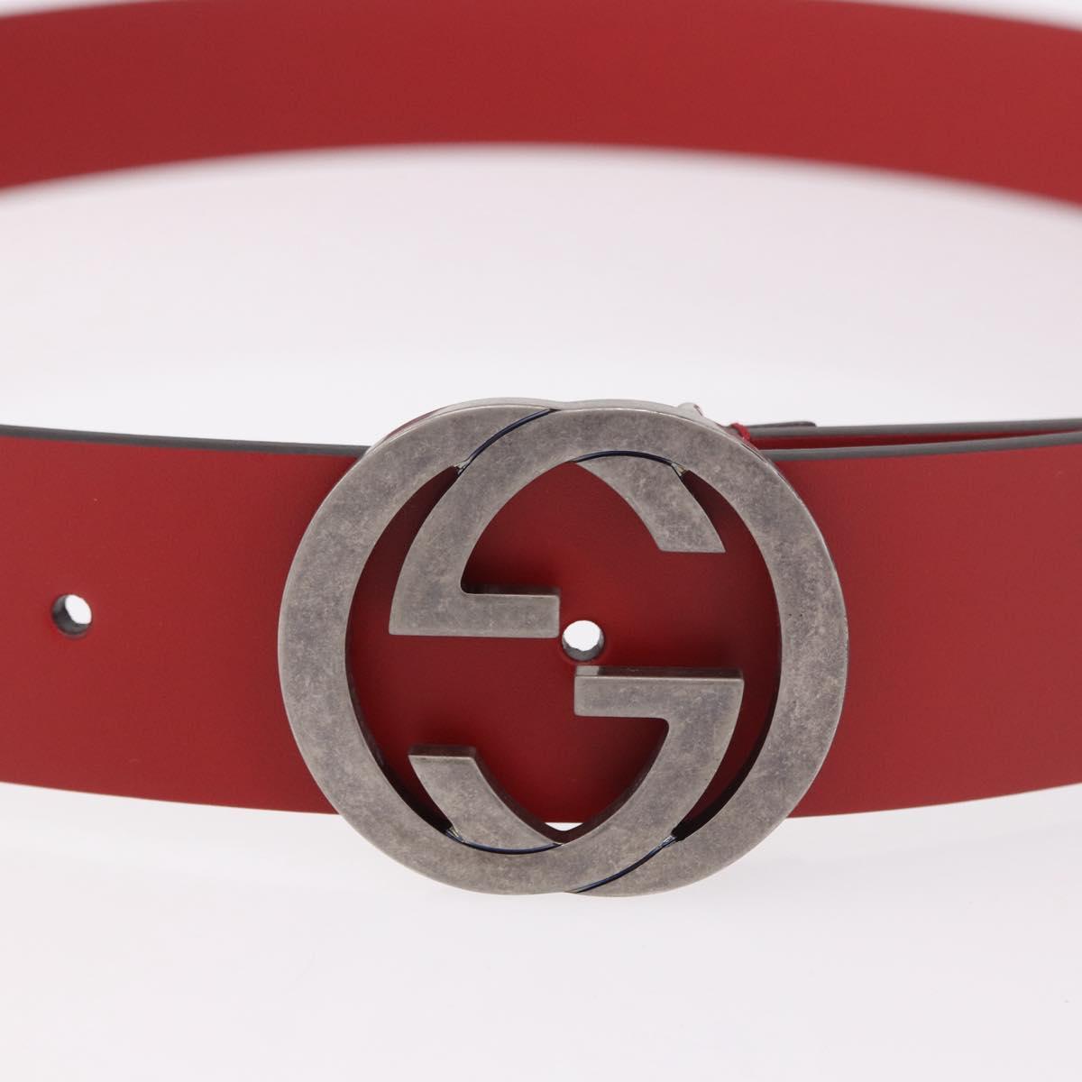 GUCCI Interlocking G Belt Leather 43.7"" Red Silver 546389 Auth BA13818V
