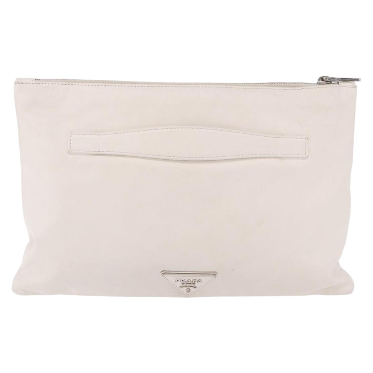 PRADA Clutch Bag Leather White Silver Auth BA13824V