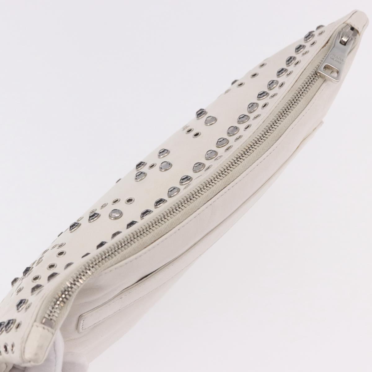 PRADA Clutch Bag Leather White Silver Auth BA13824V
