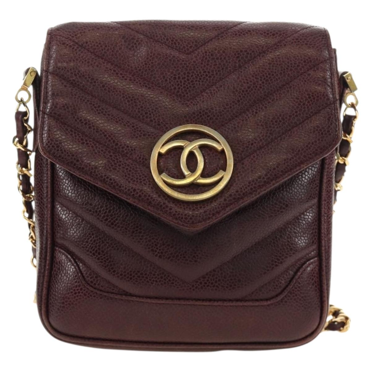 CHANEL Chain V Stitch Shoulder Bag Caviar Skin Bordeaux Gold CC Auth BA13825V