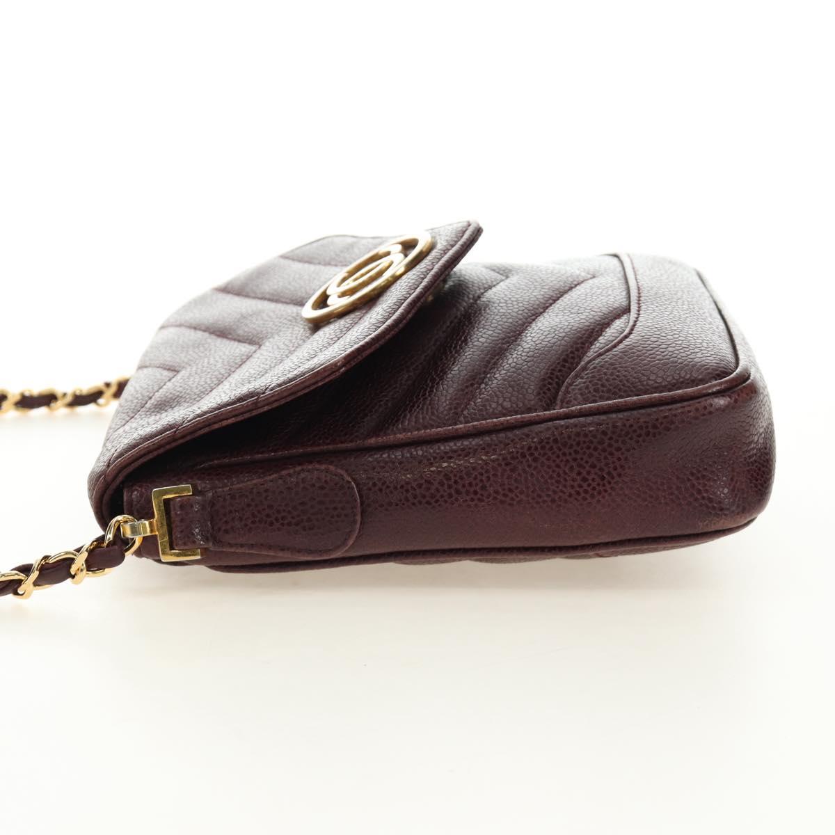 CHANEL Chain V Stitch Shoulder Bag Caviar Skin Bordeaux Gold CC Auth BA13825V
