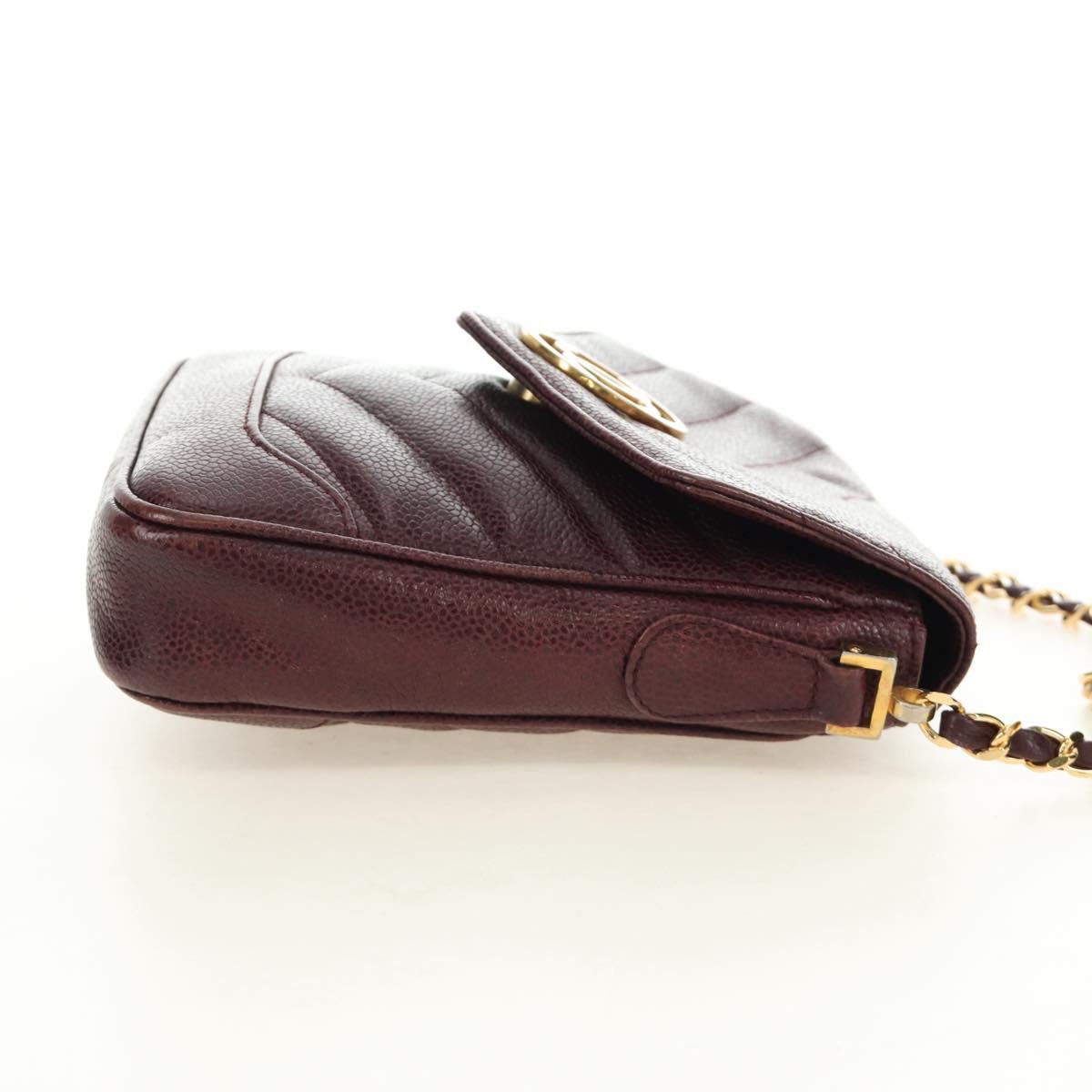 CHANEL Chain V Stitch Shoulder Bag Caviar Skin Bordeaux Gold CC Auth BA13825V