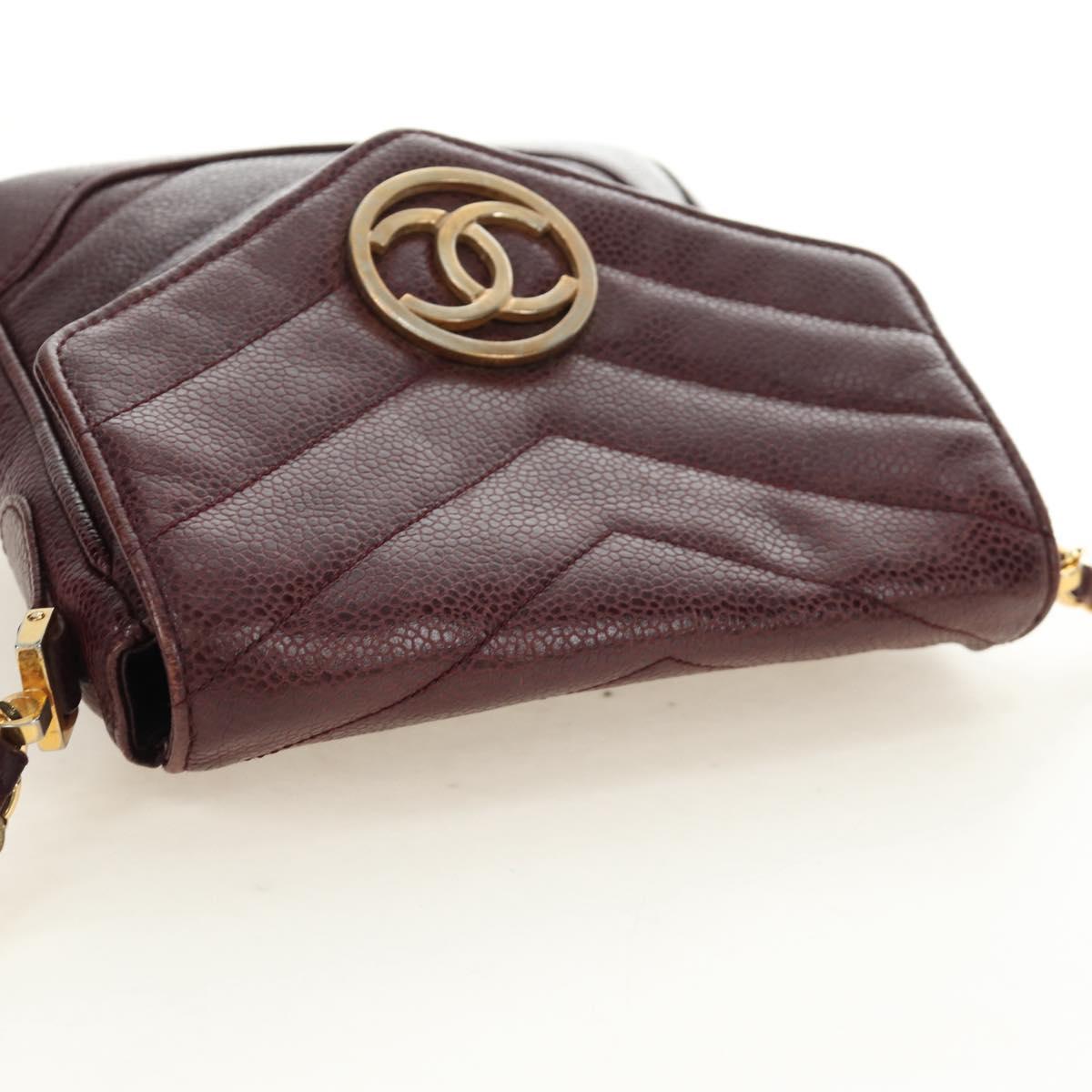 CHANEL Chain V Stitch Shoulder Bag Caviar Skin Bordeaux Gold CC Auth BA13825V
