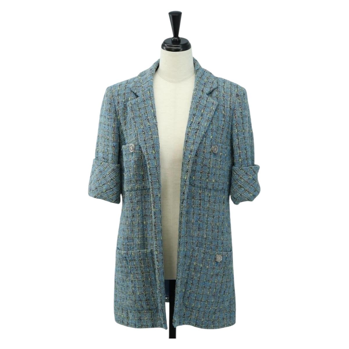 CHANEL Jacket Jacket Tweed 40 Blue Silver CC Auth BA13843SAM