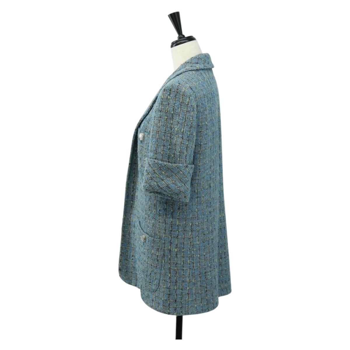CHANEL Jacket Jacket Tweed 40 Blue Silver CC Auth BA13843SAM