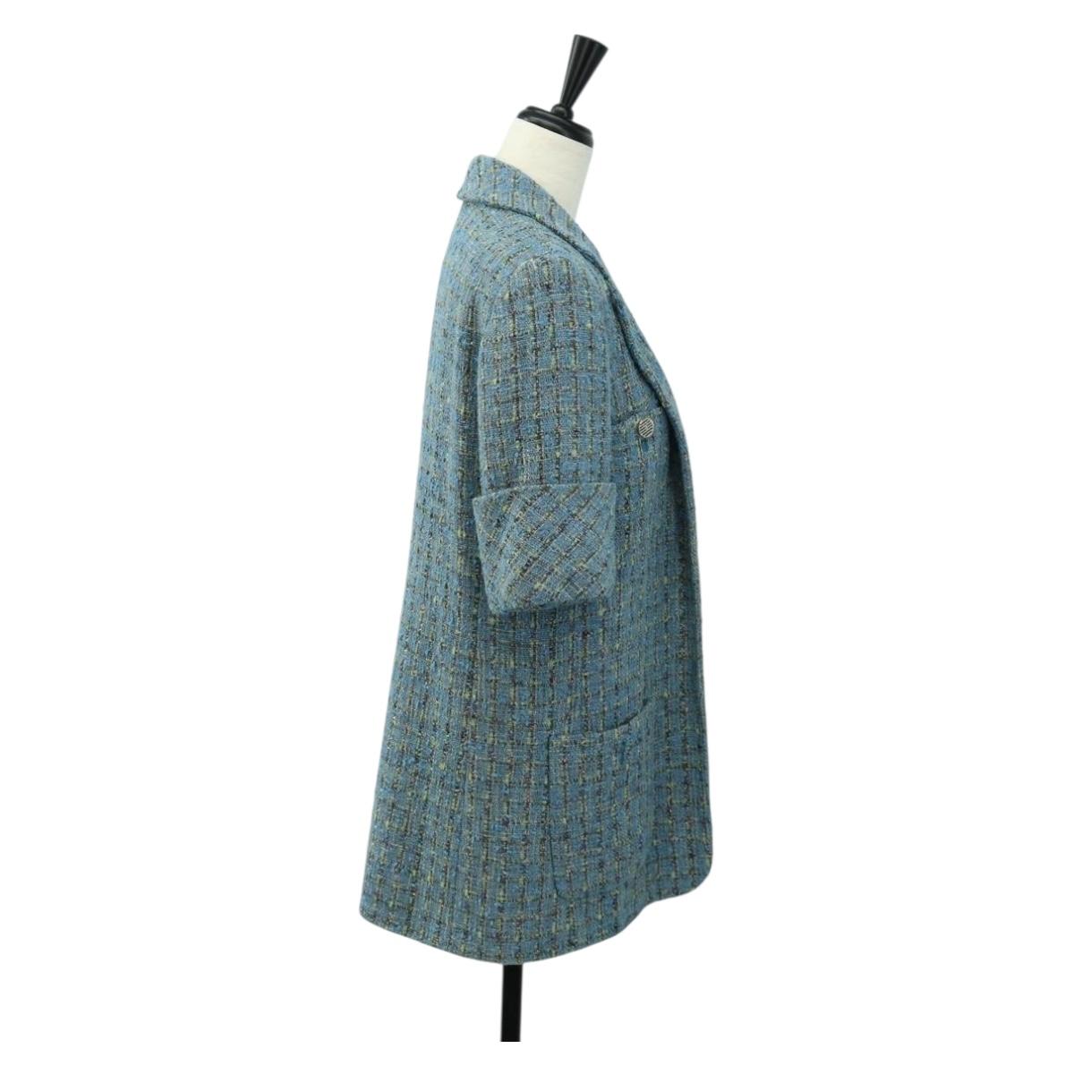 CHANEL Jacket Jacket Tweed 40 Blue Silver CC Auth BA13843SAM
