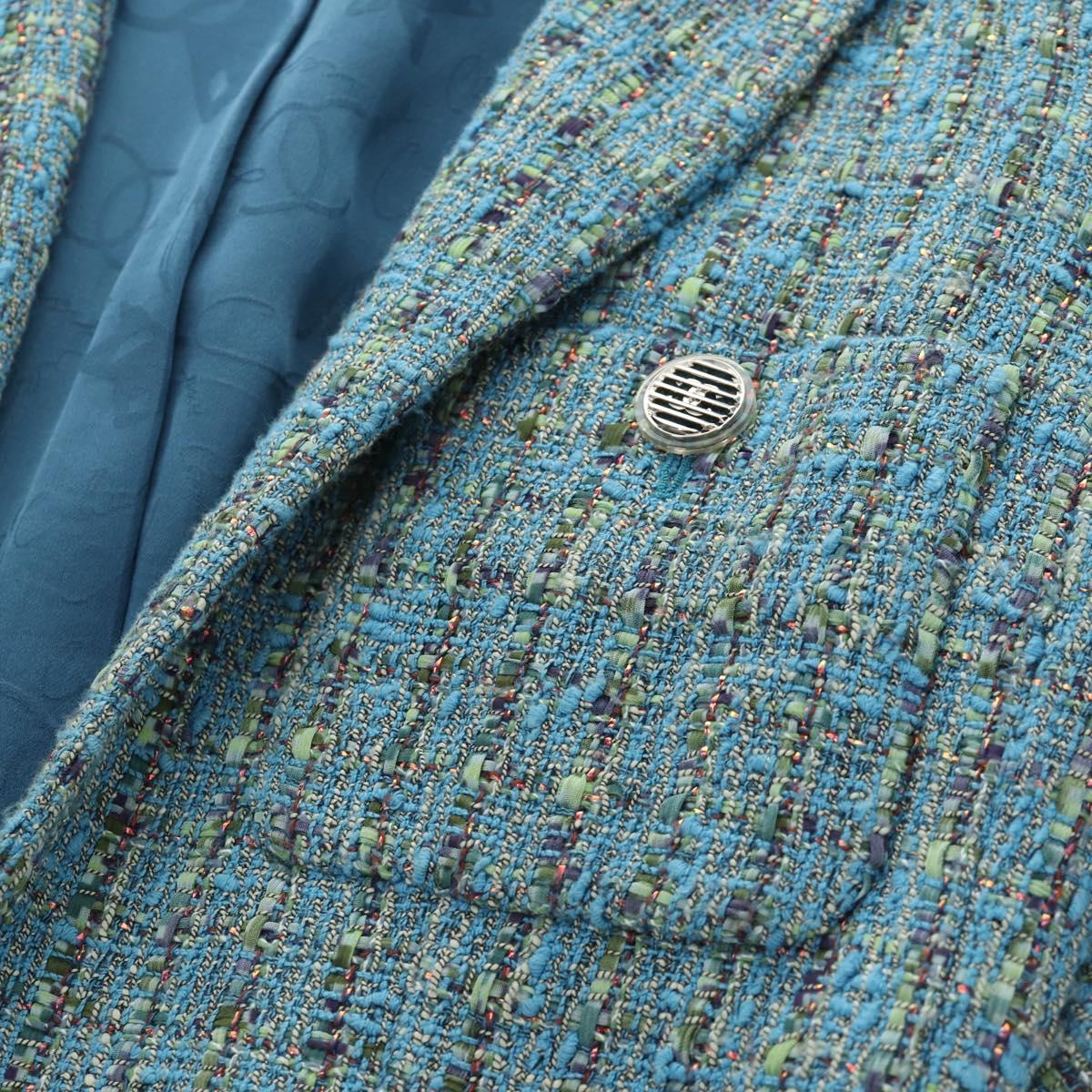 CHANEL Jacket Jacket Tweed 40 Blue Silver CC Auth BA13843SAM