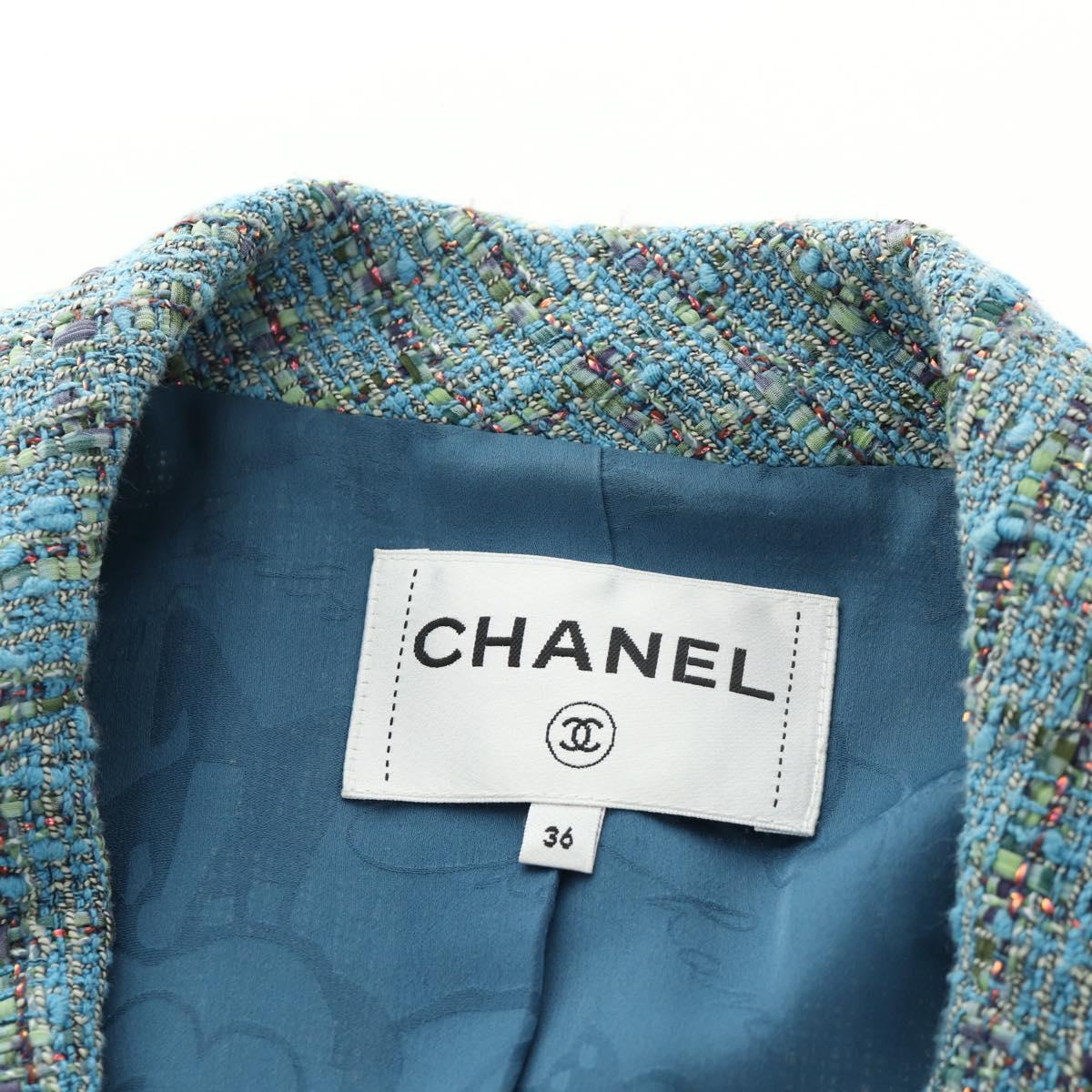 CHANEL Jacket Jacket Tweed 40 Blue Silver CC Auth BA13843SAM