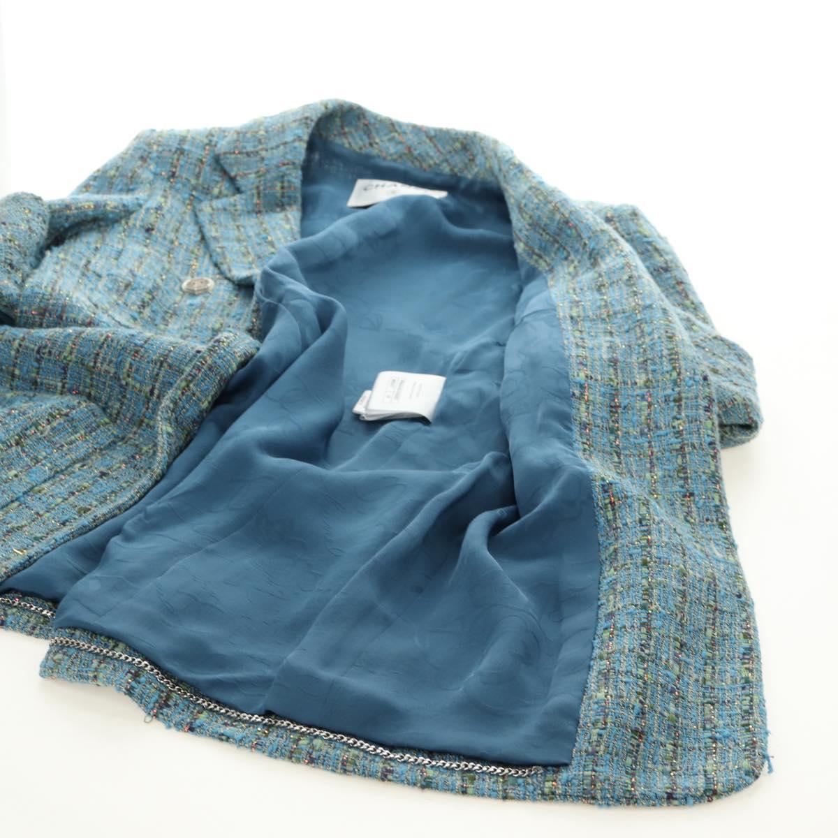 CHANEL Jacket Jacket Tweed 40 Blue Silver CC Auth BA13843SAM