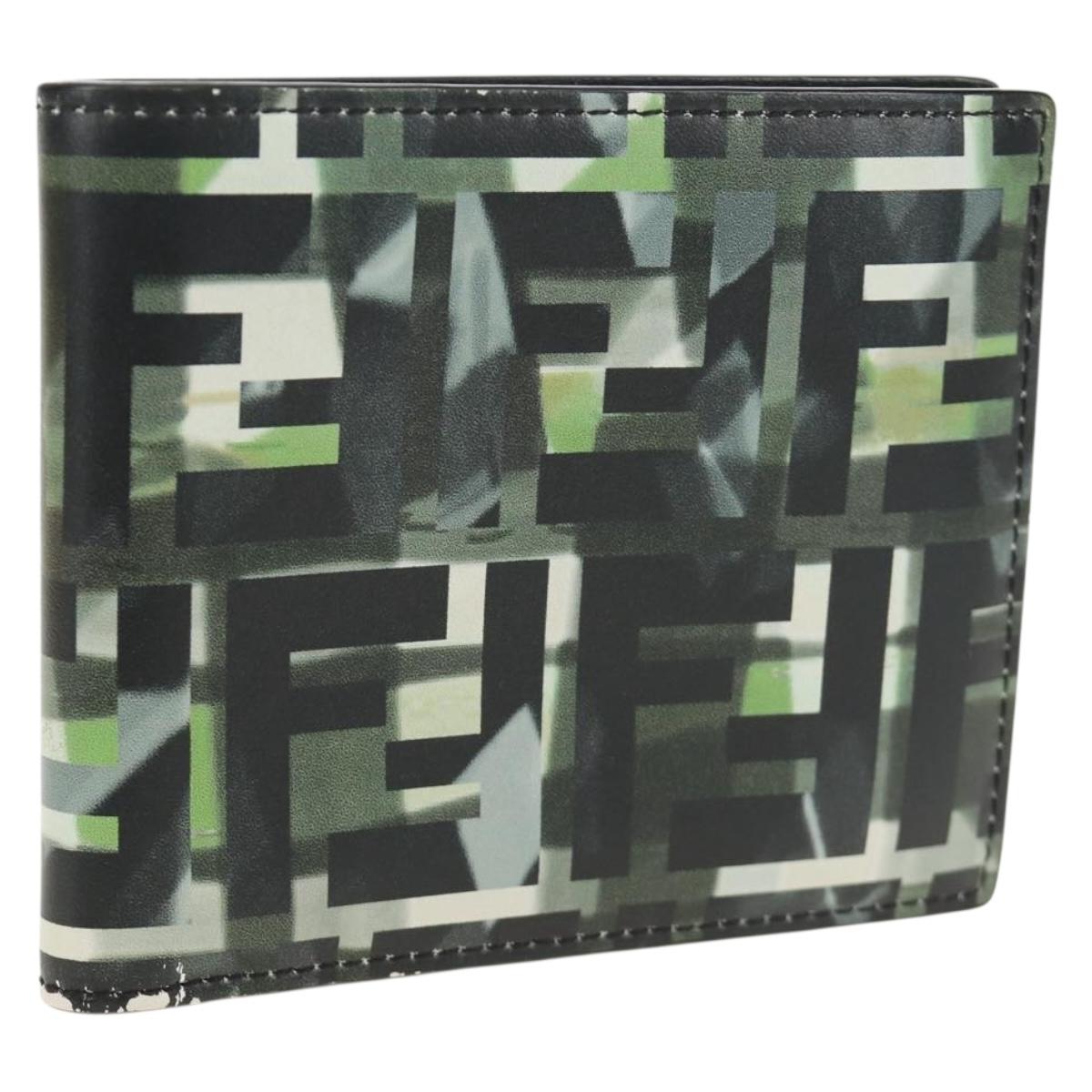 FENDI Zucca Canvas Bifold Wallet Leather Green Black Auth BA13848A