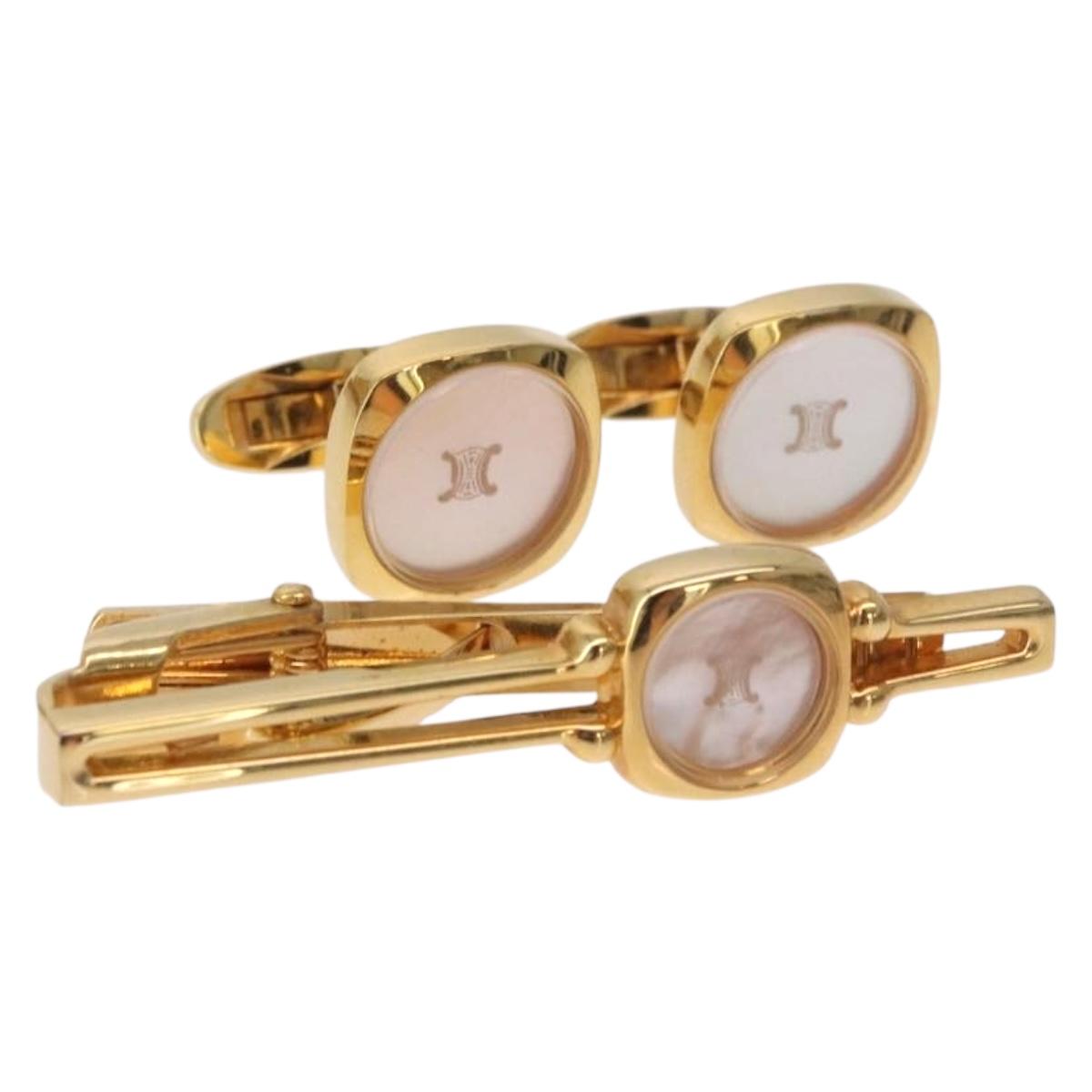 CELINE Nek Tie Pin Cuffs metal Gold Tone Auth BA13864V