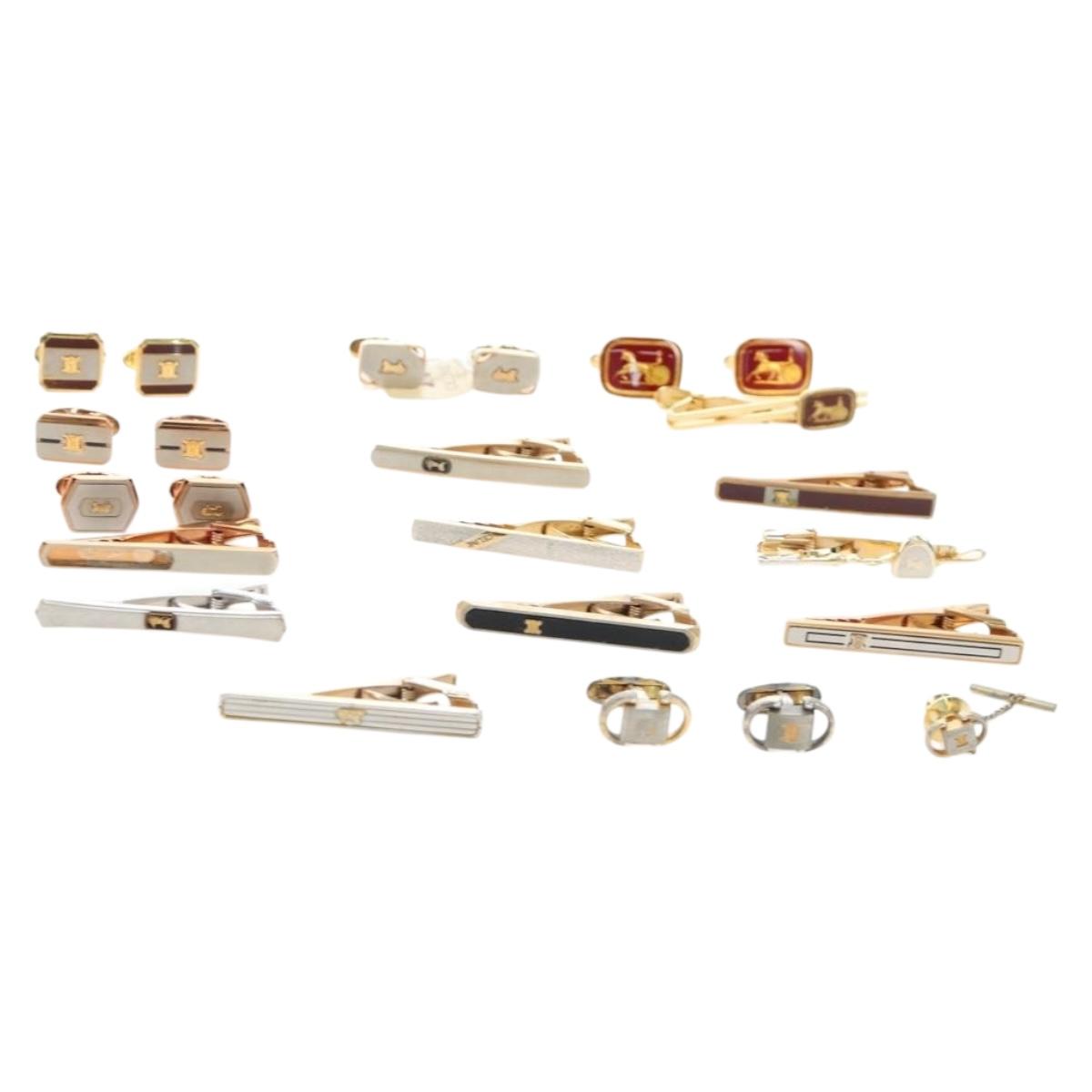 CELINE Nek Tie Pin Cuffs metal 12 Set Gold Tone Auth BA13870