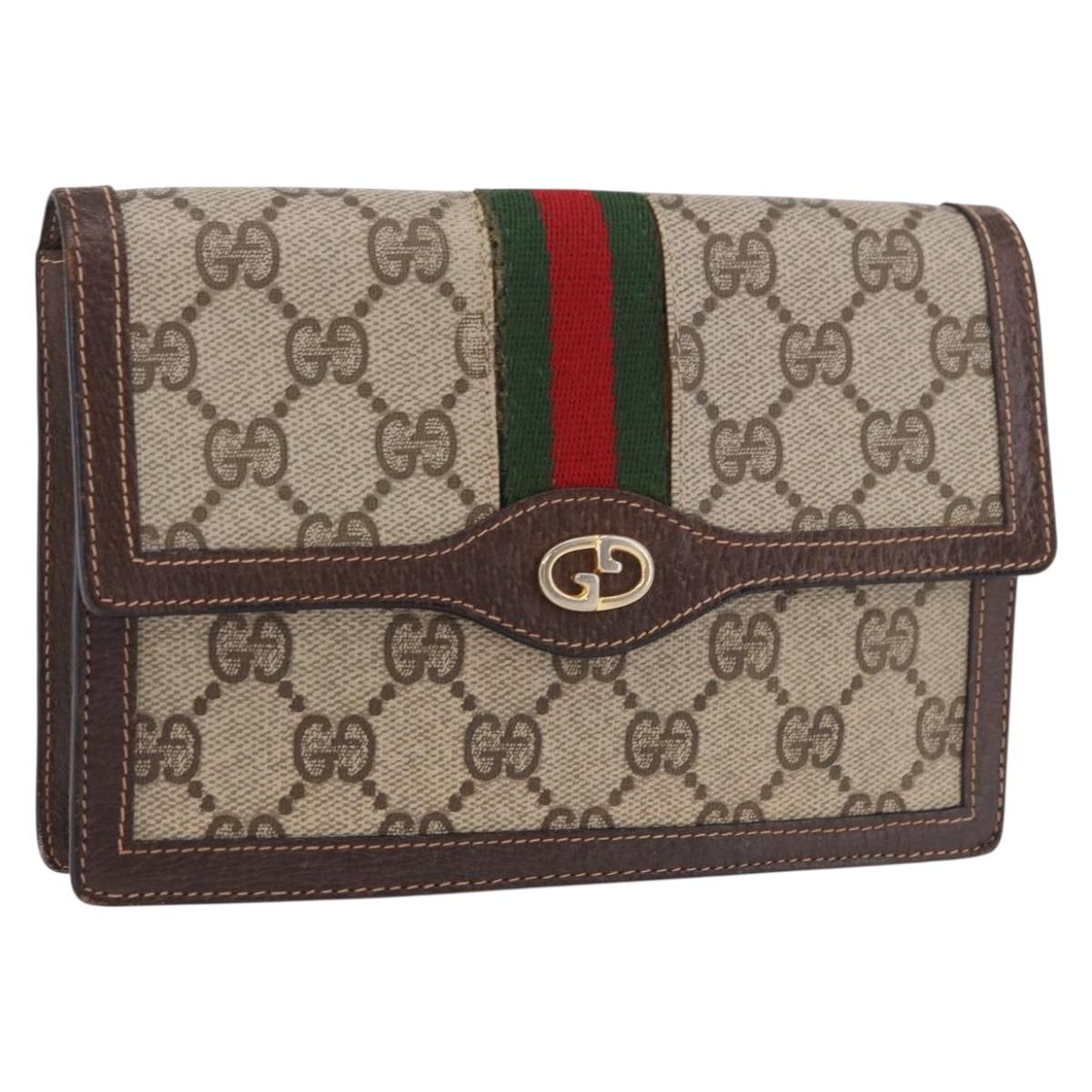GUCCI GG Supreme Web Sherry Line Pouch PVC Beige Gold Auth BA13871