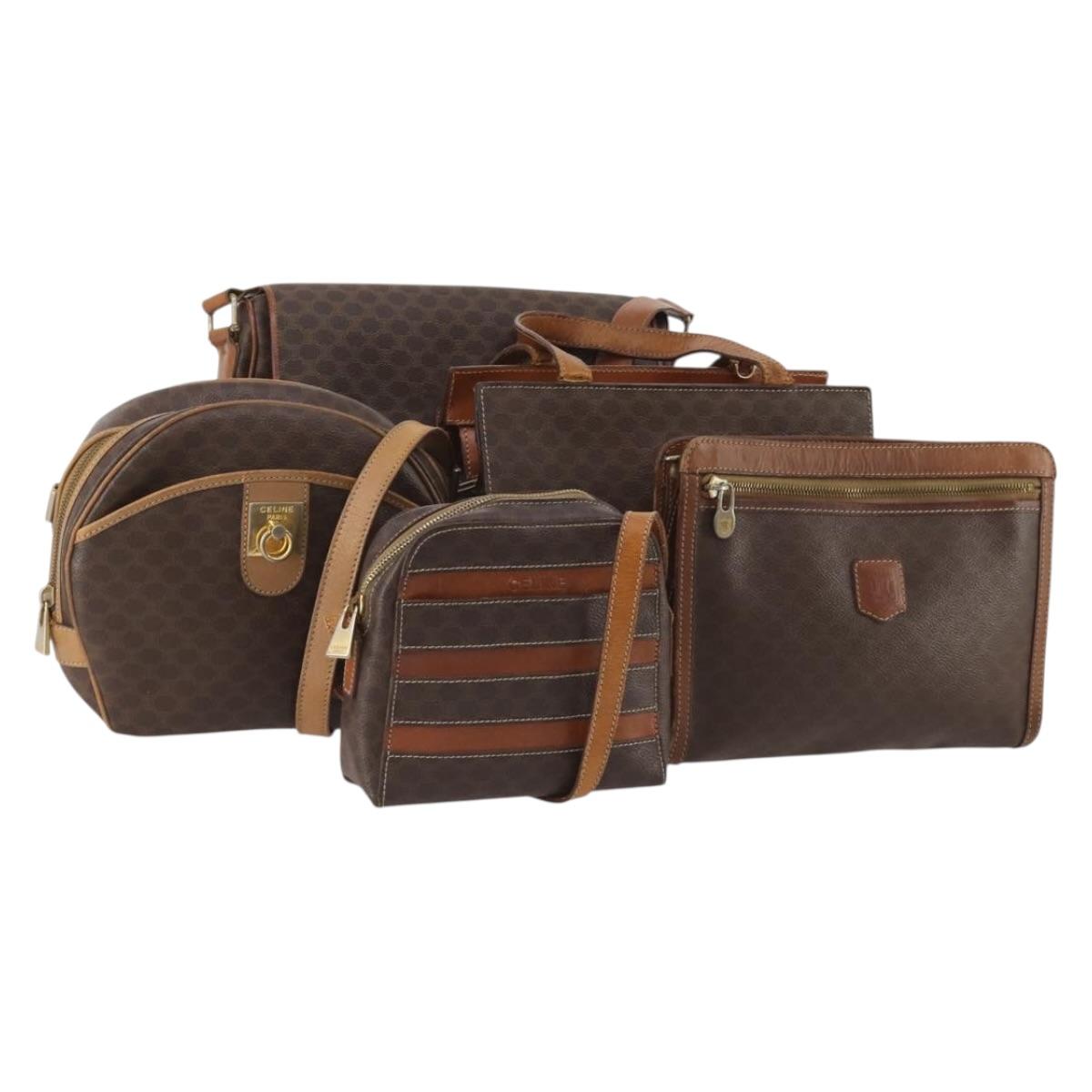 CELINE Macadam Canvas Shoulder Bag PVC Leather 5 Set Brown Auth BA13881