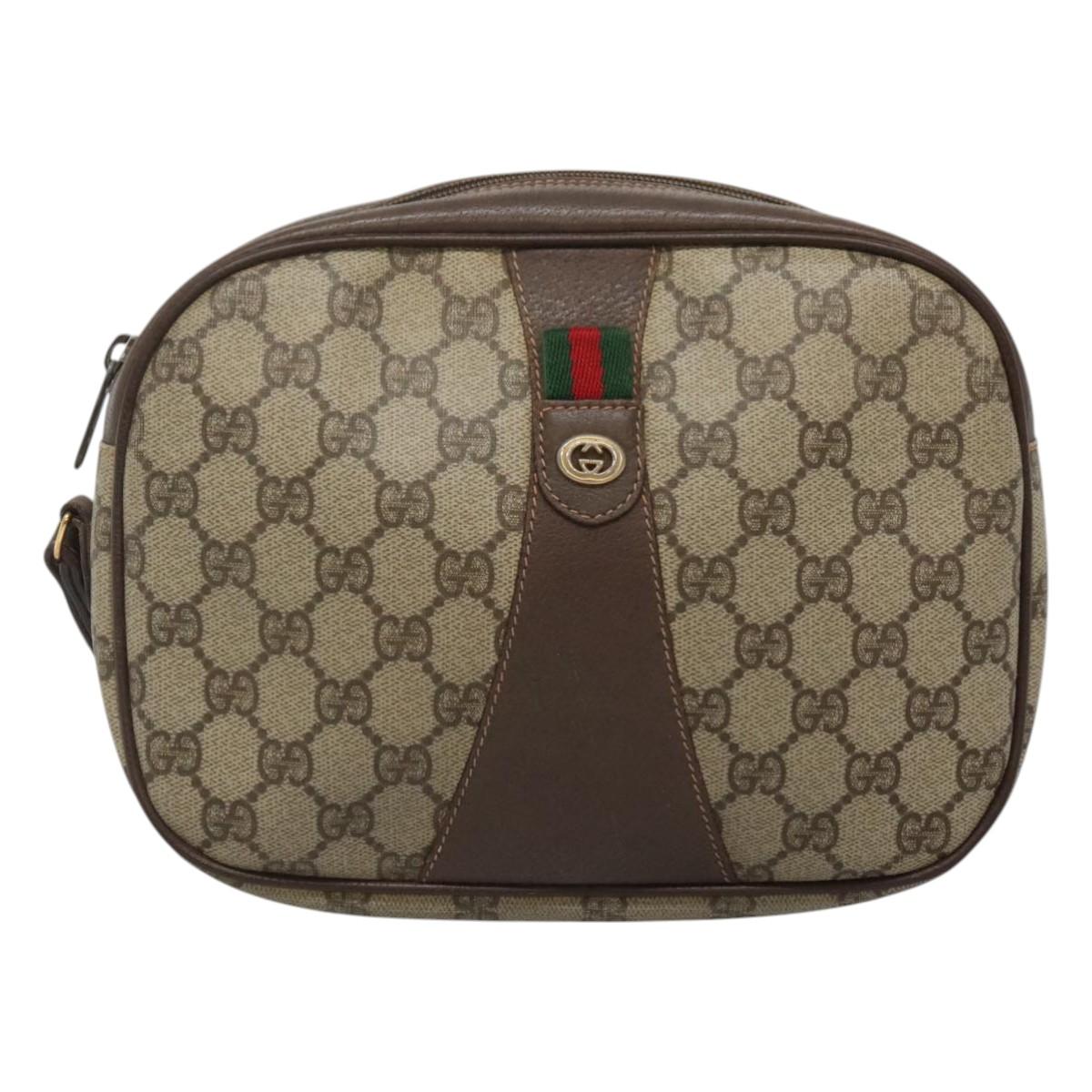 GUCCI GG Supreme Web Sherry Line Bag PVC Beige Gold 156 01 034 Auth BA1389