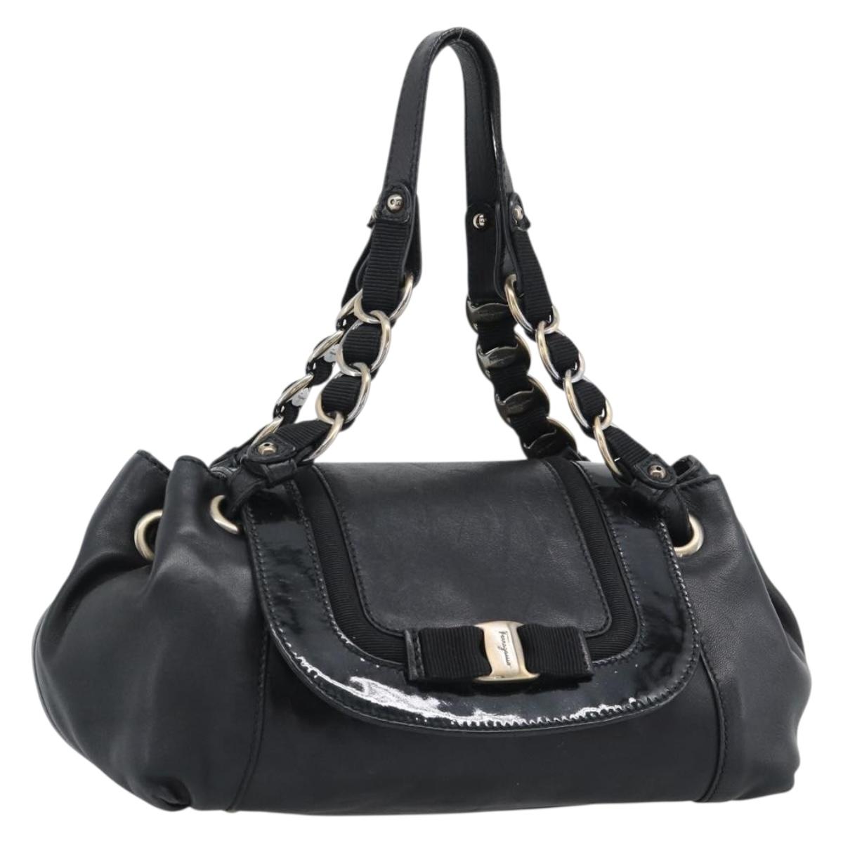 Salvatore Ferragamo Vara Ribbon Chain Hand Bag Leather Black Auth BA13892A