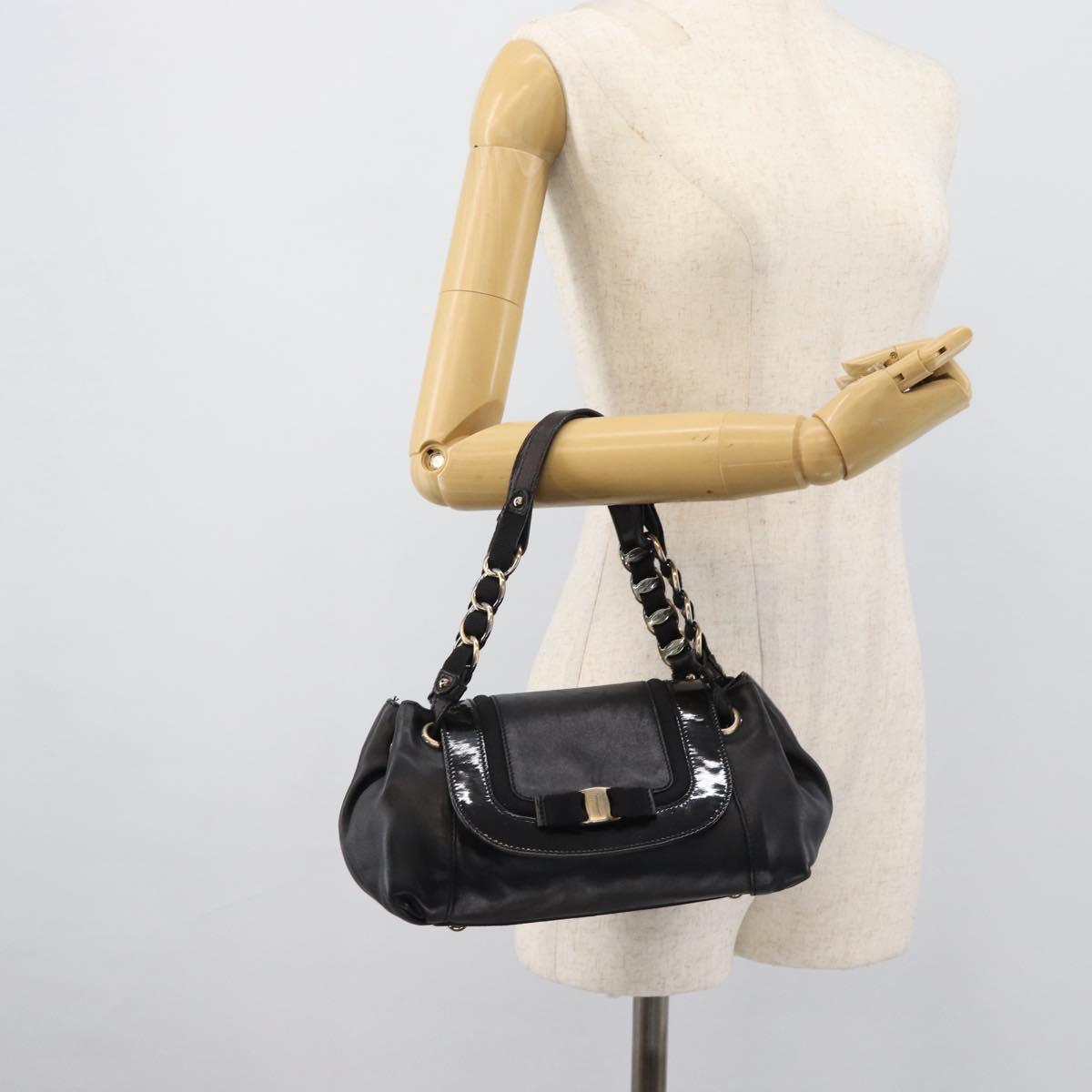 Salvatore Ferragamo Vara Ribbon Chain Hand Bag Leather Black Auth BA13892A
