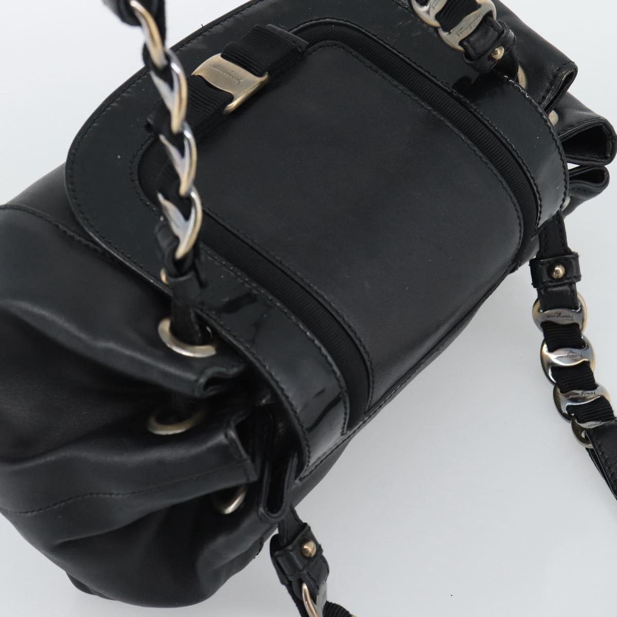 Salvatore Ferragamo Vara Ribbon Chain Hand Bag Leather Black Auth BA13892A