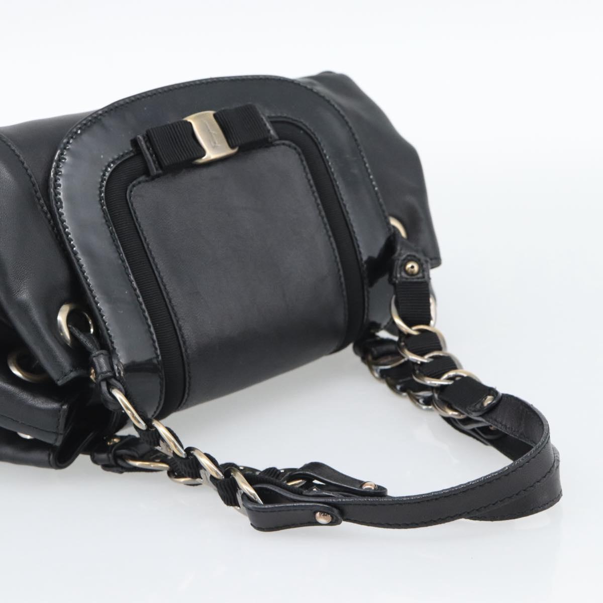 Salvatore Ferragamo Vara Ribbon Chain Hand Bag Leather Black Auth BA13892A