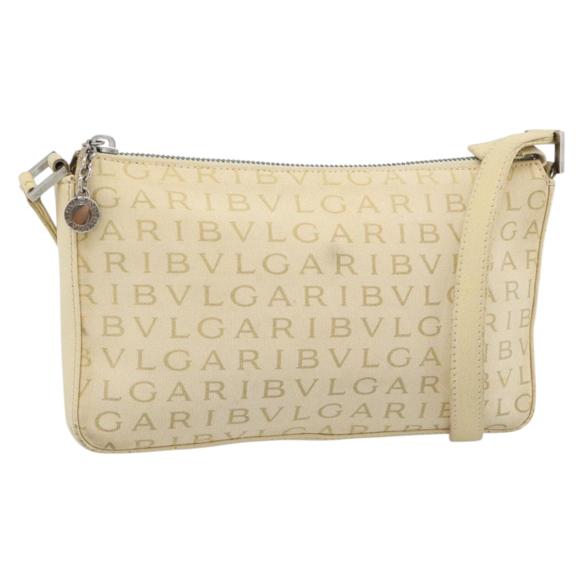 BVLGARI Logo Mania Shoulder Bag Beige Silver Auth BA13903