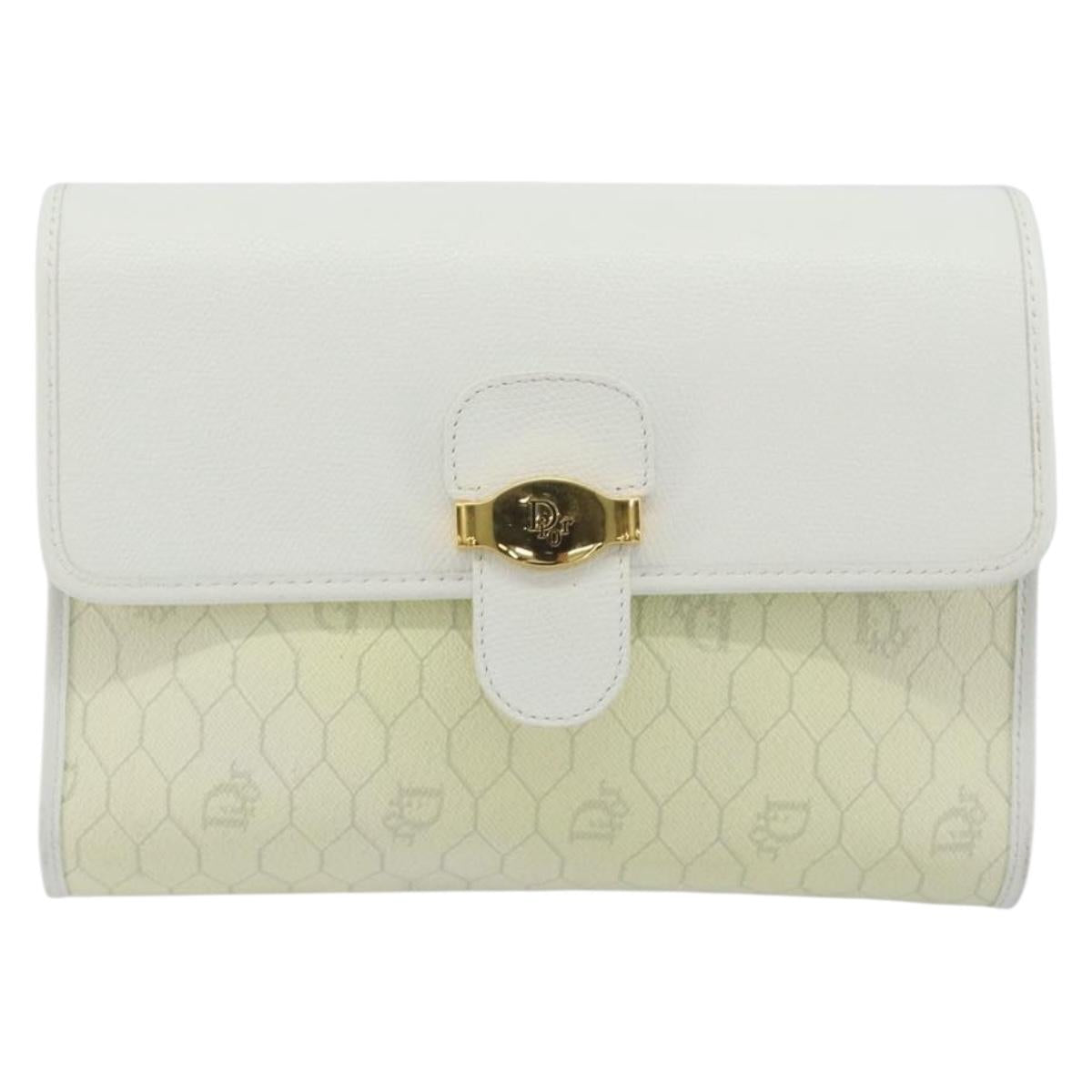 Christian Dior Honeycomb Shoulder Bag PVC Leather White Gold Auth BA13931