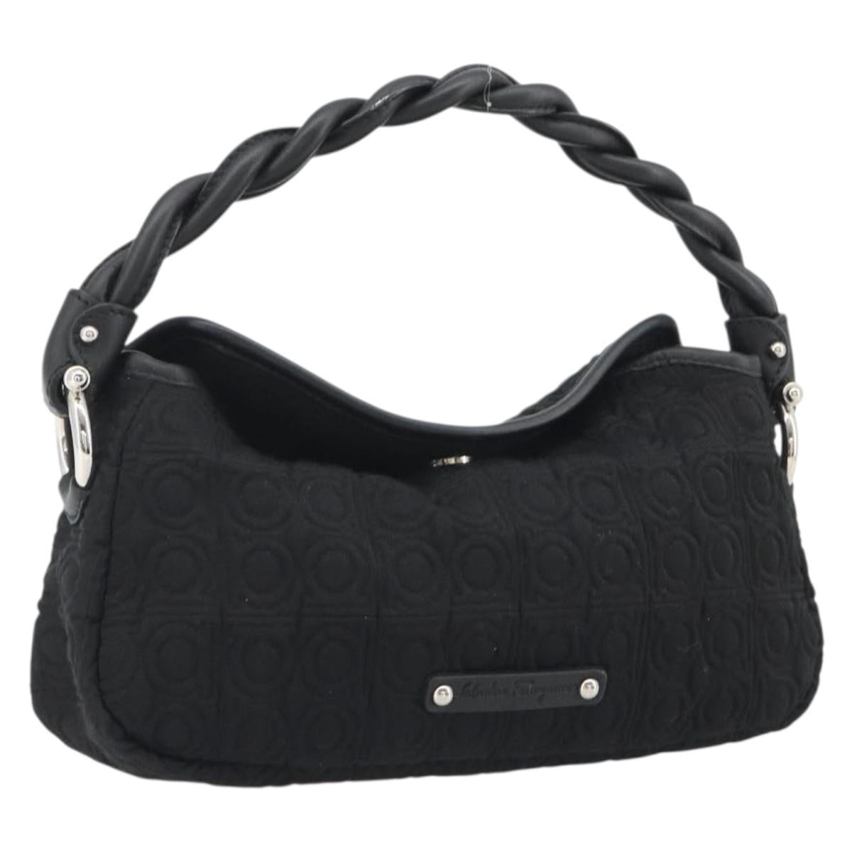 Salvatore Ferragamo Gancini Hand Bag Cotton Black Silver Auth BA13932A