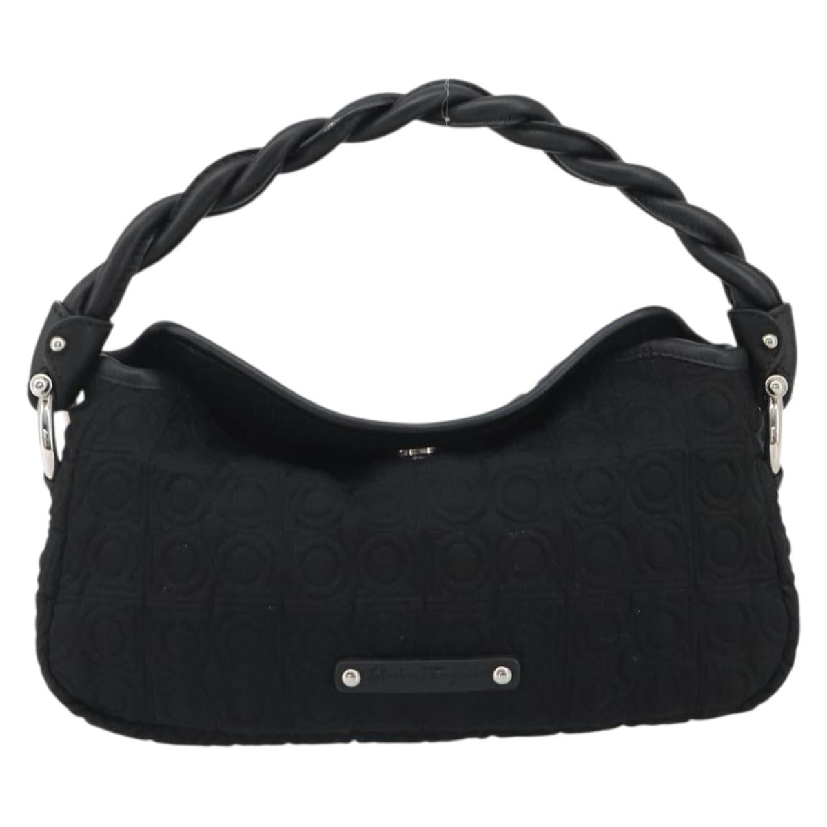 Salvatore Ferragamo Gancini Hand Bag Cotton Black Silver Auth BA13932A