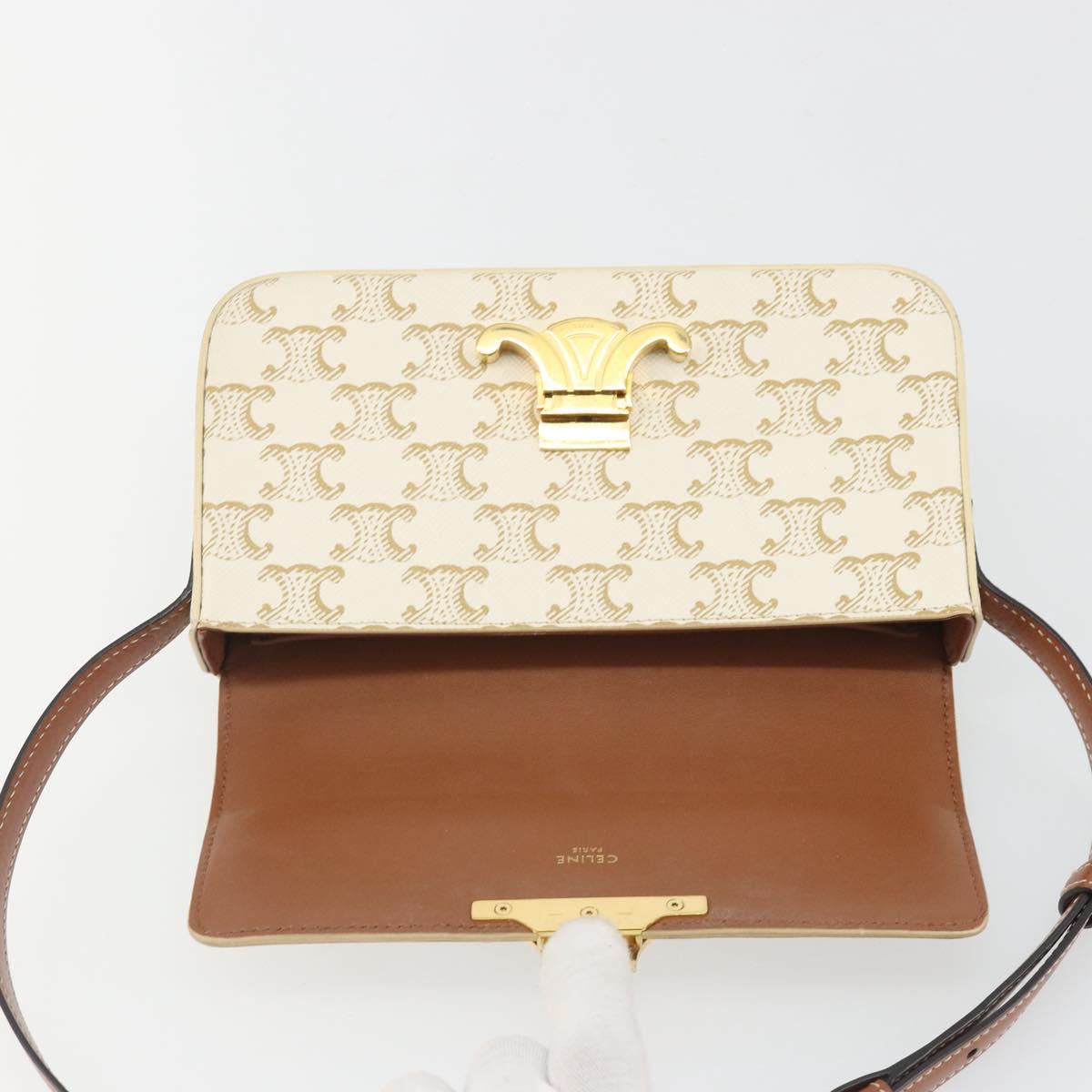 CELINE Triomphe Shoulder Bag Leather White Gold Auth BA13935M