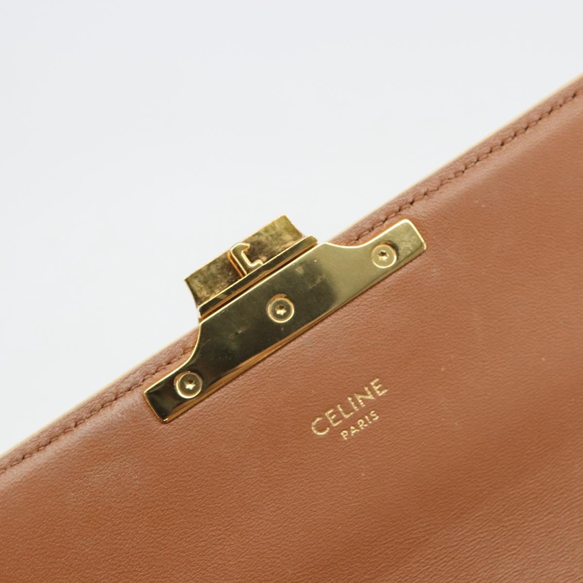CELINE Triomphe Shoulder Bag Leather White Gold Auth BA13935M