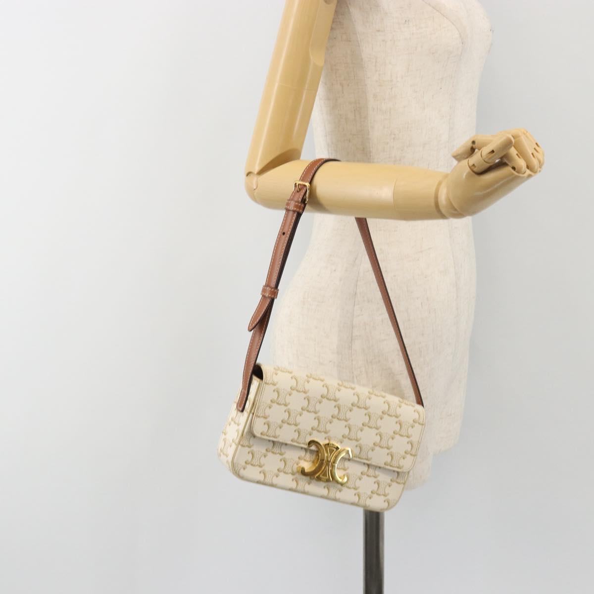 CELINE Triomphe Shoulder Bag Leather White Gold Auth BA13935M